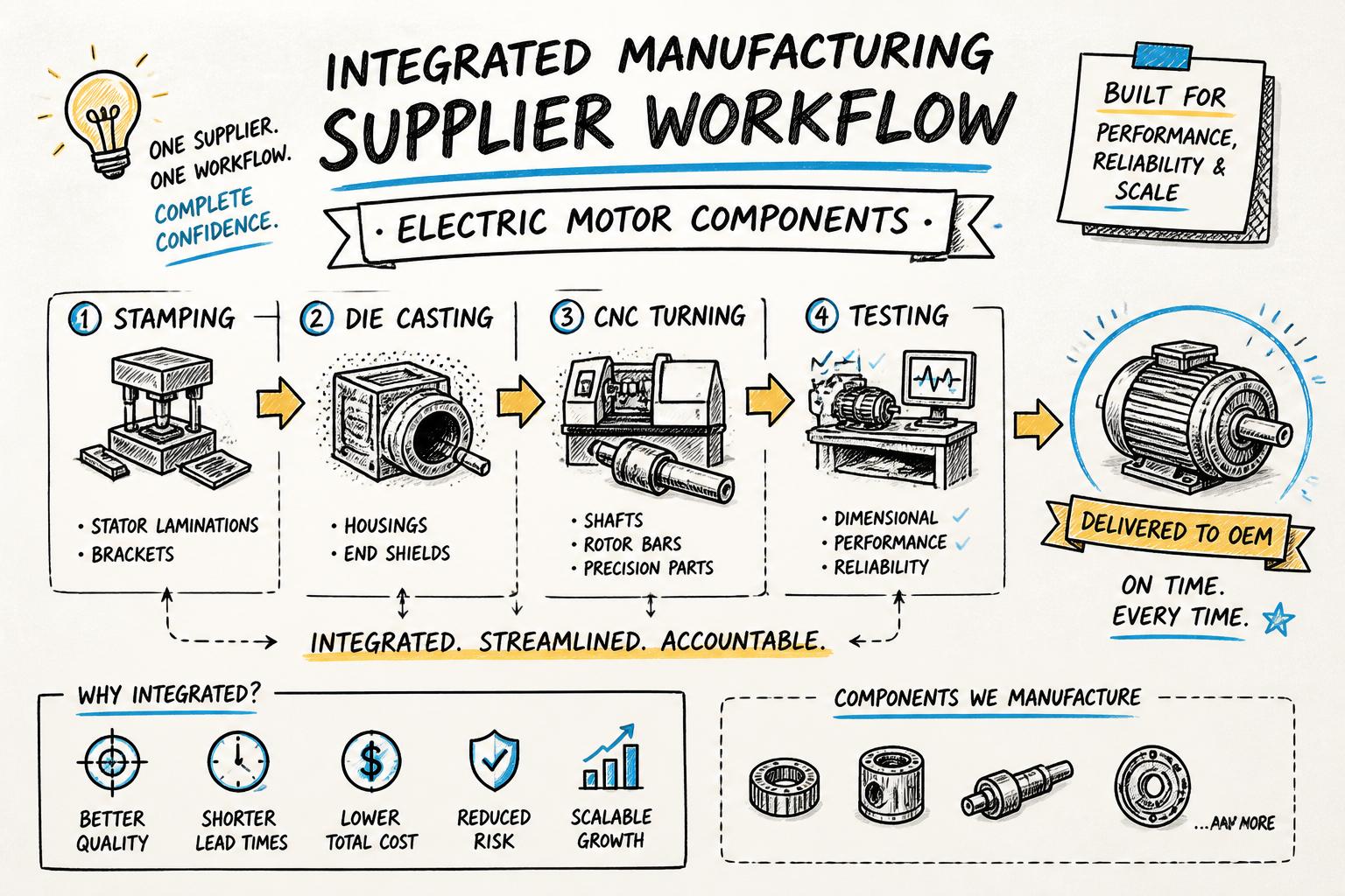 Integrated manufacturing supplier workflow for electric motor components, showing stamping, die casting, CNC turning, and testing connected in a single streamlined supply chain for an OEM
