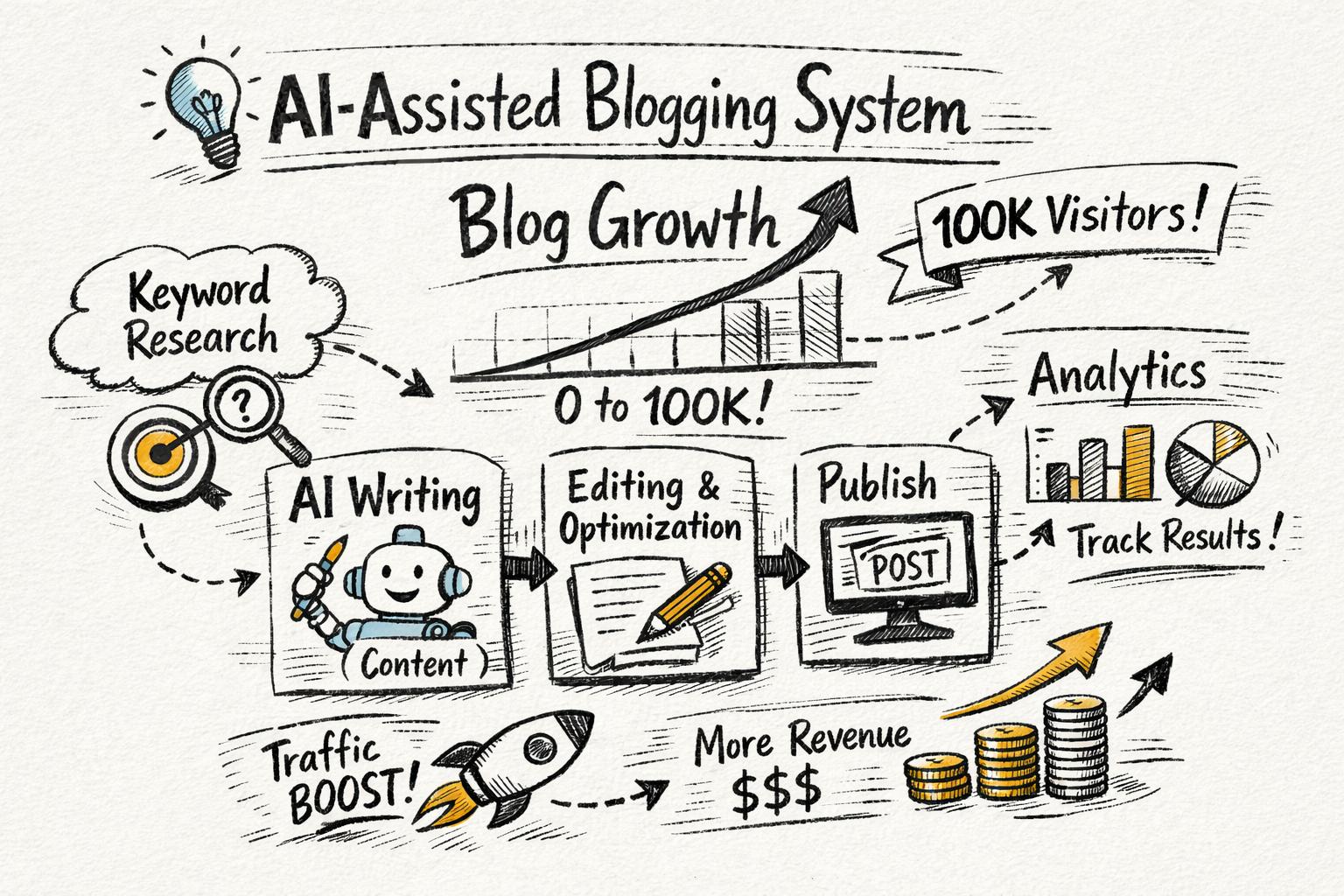 Hero diagram showing AI-assisted blogging system driving blog growth from 0 to 100K monthly visitors, including components like keyword research, AI writing, editing, publishing, and analytics connected in a simple flow