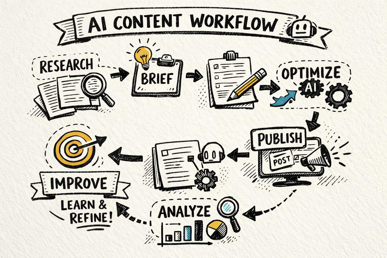AI-powered content workflow from research to improvement Hand-drawn style illustration of an AI content workflow showing steps such as research, brief, draft, optimize, publish, analyze, and improve arranged in a circular flow with arrows between them.