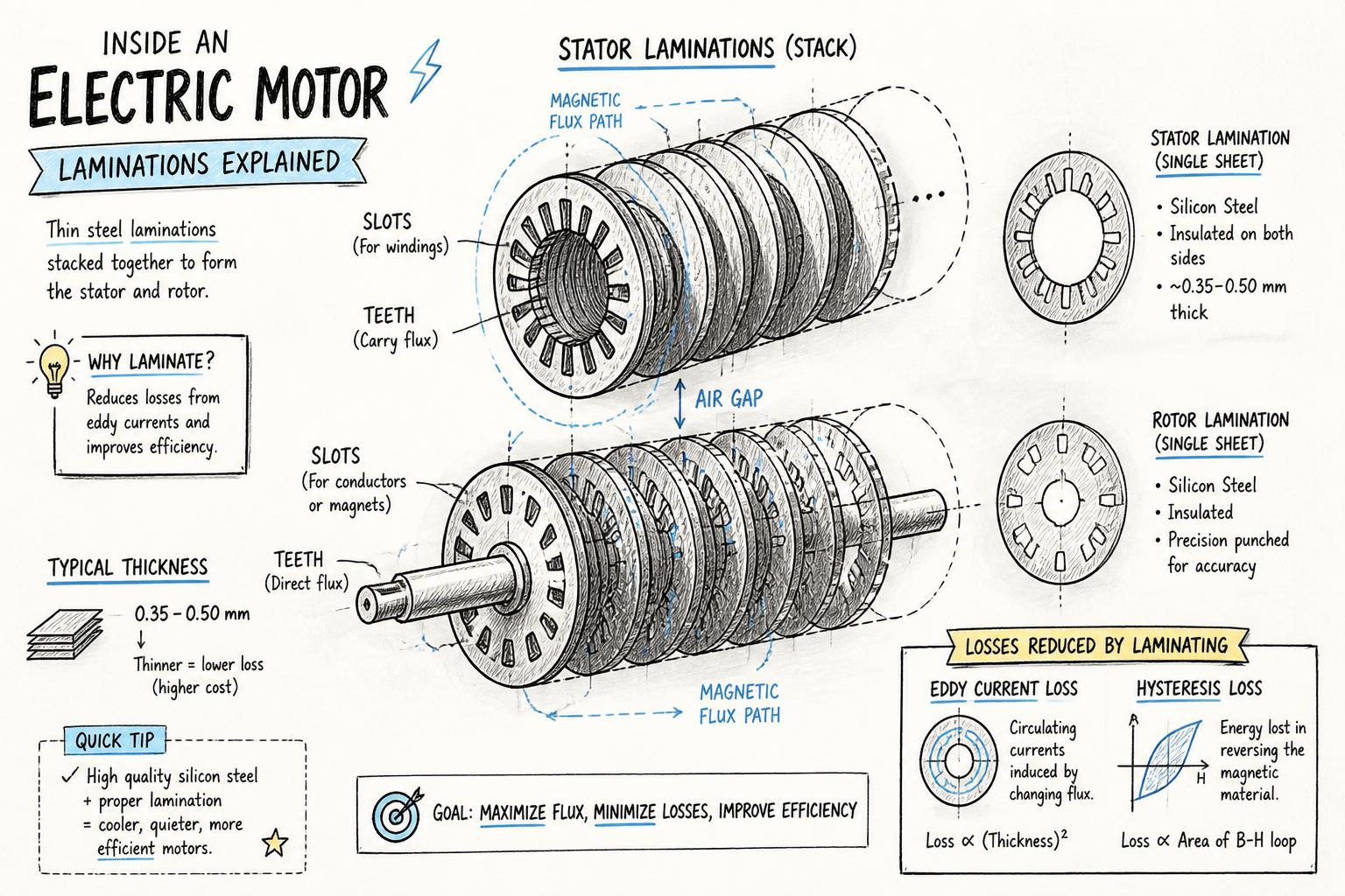 Exploded view sketch of an electric motor showing stator and rotor laminations stack, highlighting geometry, slots, teeth, and air gap, with callouts for losses (eddy currents, hysteresis) and arrows indicating magnetic flux paths.