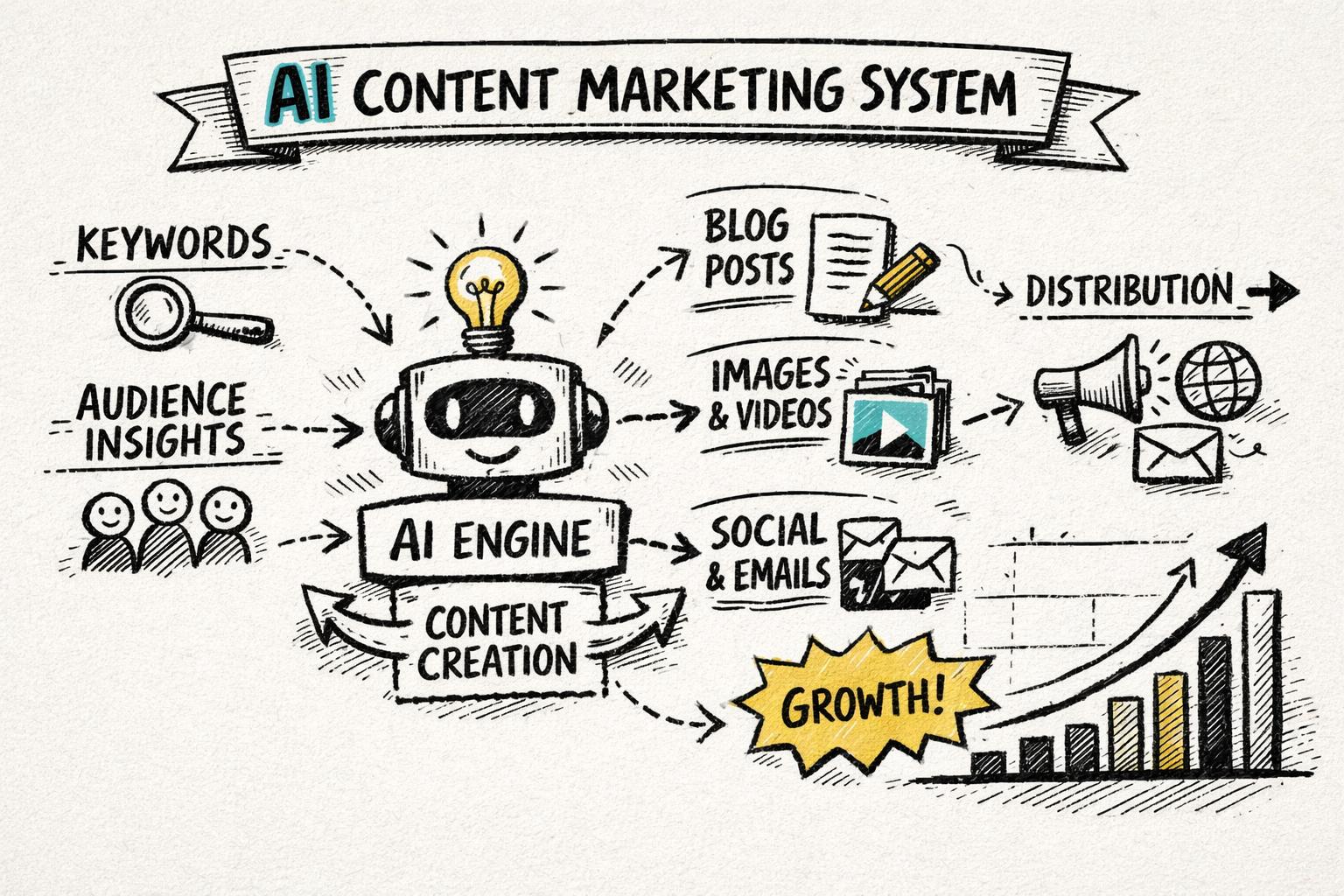 Concept illustration of an AI content marketing system High-level overview sketchnote of an AI content marketing system showing inputs like keywords and audience insights feeding into an AI engine that outputs blog posts, images, and multi-channel distribution, all connected to a graph of rising organic traffic.