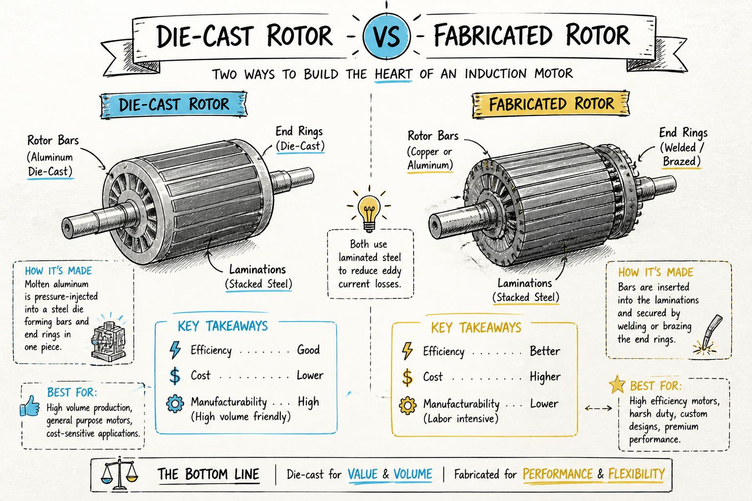 Side-by-side comparison sketch of a die-cast rotor and a fabricated rotor, highlighting key elements like rotor bars, end rings, and laminations, with callouts for efficiency, cost, and manufacturability.