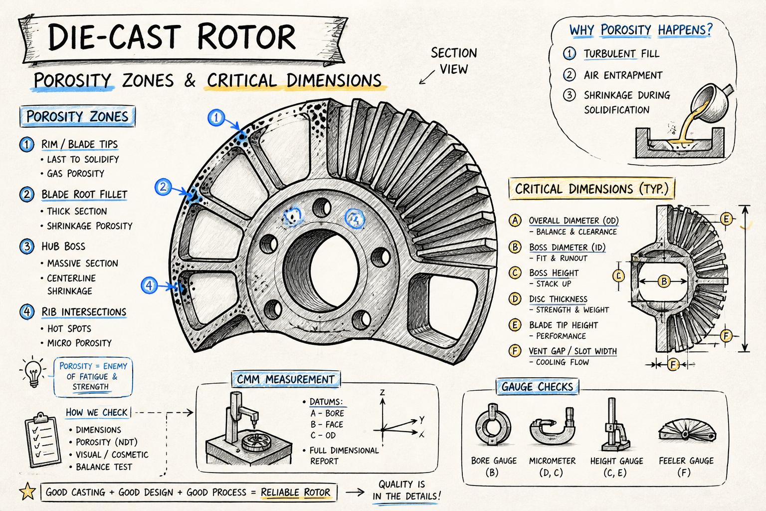 Cross-section of a die-cast rotor showing typical porosity locations and critical dimensions being measured with CMM and gauges