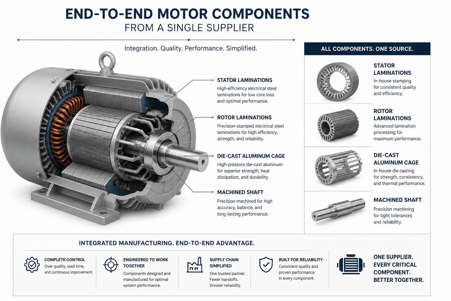 Cross-section of an electric motor showing stamped laminations, die-cast rotor, and machined shaft supplied by a single integrated manufacturer