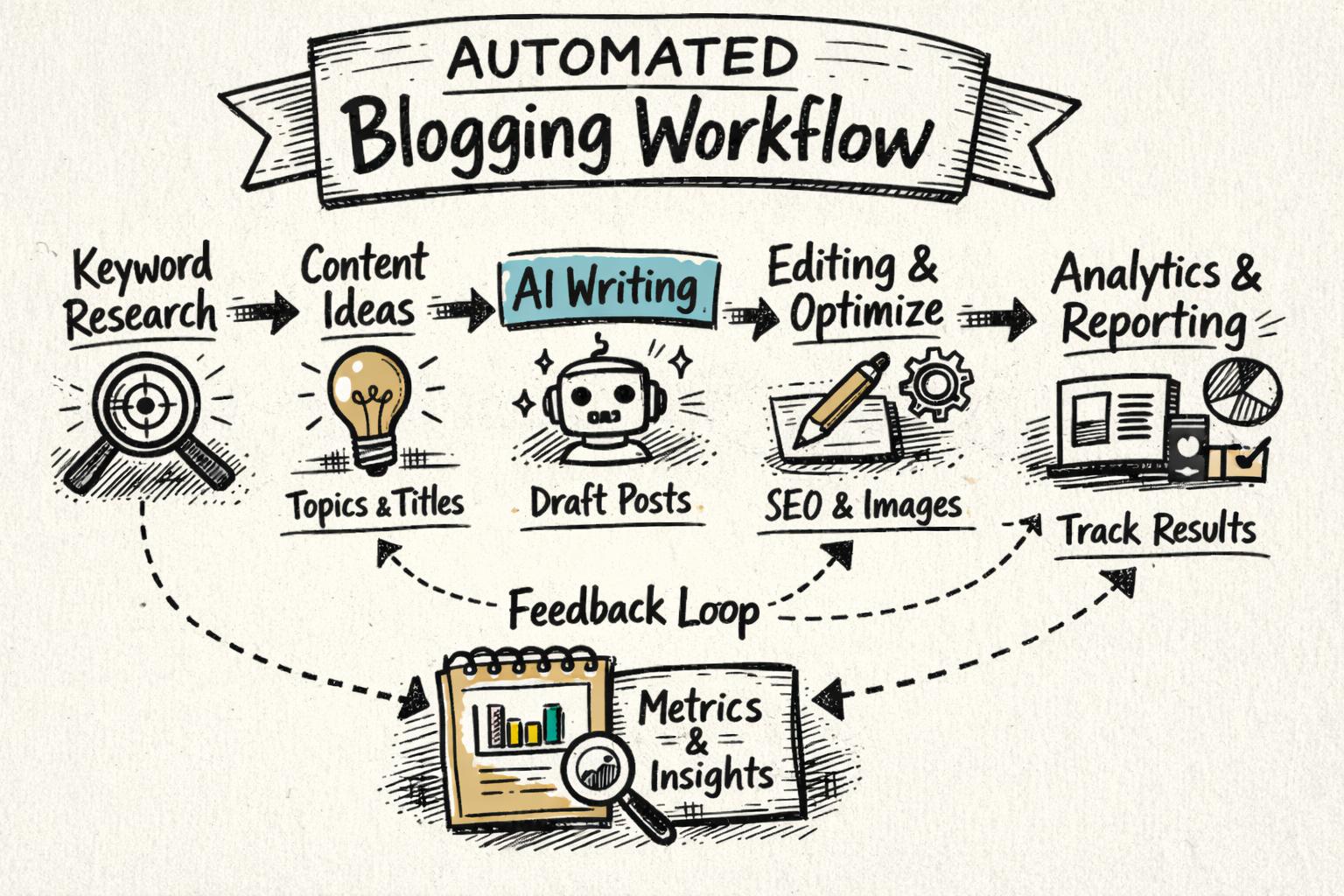 A flowchart-style visualization of an automated blogging workflow from keyword research to publishing and reporting
