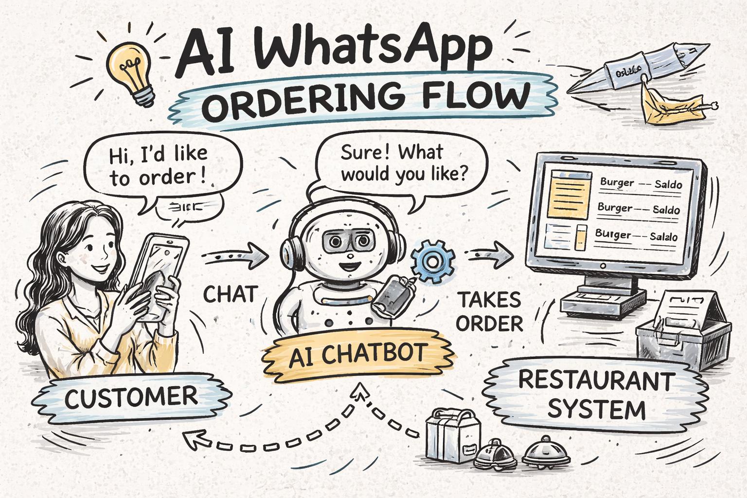Restaurant AI WhatsApp ordering flow showing a customer messaging on WhatsApp, an AI chatbot taking the order, and the order appearing on a restaurant POS or kitchen display