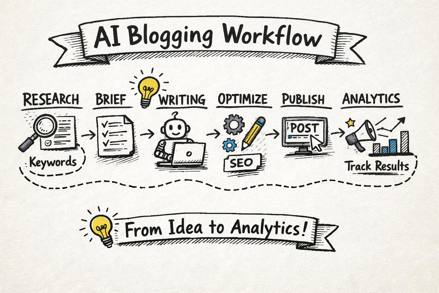 End-to-end AI blogging workflow from keyword research to publishing and analytics, represented as a simple pipeline or flow diagram