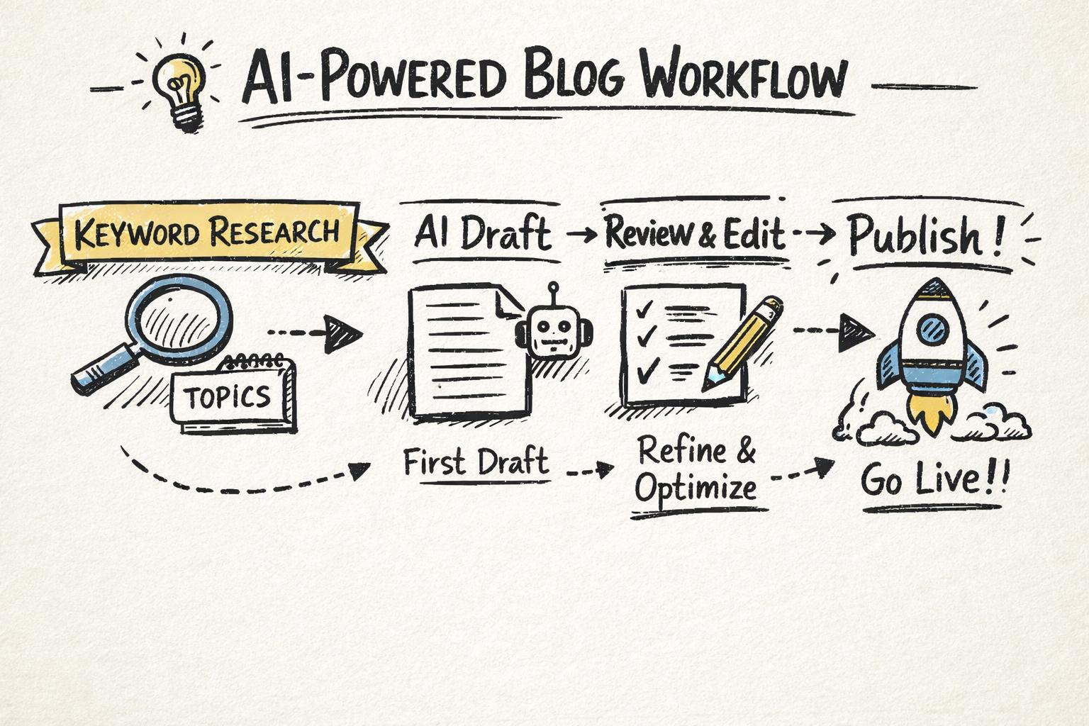 AI-powered blog content workflow from idea to publish Step-by-step workflow from keyword research to AI draft to review to publish, represented as a simple pipeline for blog content