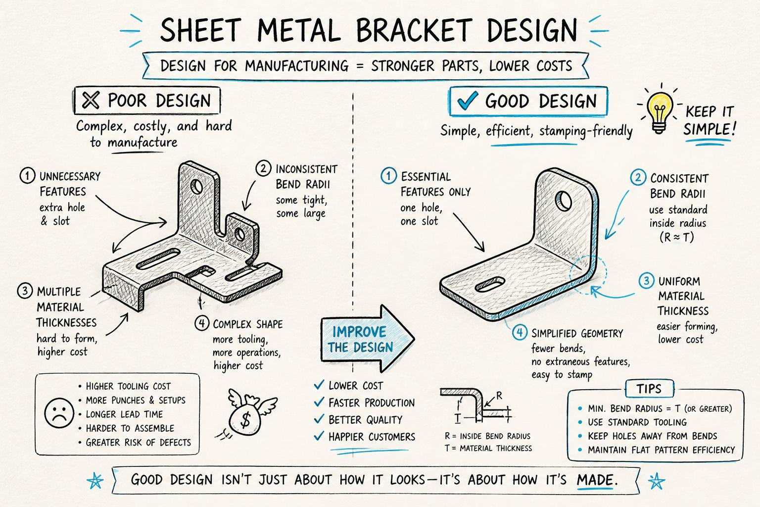 Comparing poor and good sheet metal bracket designs Side-by-side illustration of a bad sheet metal part design and an improved, stamping-friendly design for an appliance mounting bracket, highlighting simplified geometry, consistent bend radii, and unified material thickness.