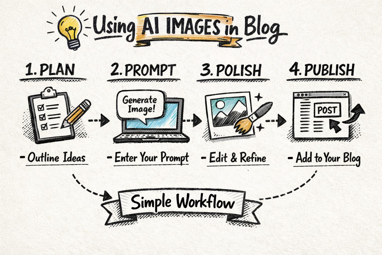 Sketchnote-style framework visual of a simple 4-step workflow for using AI images in blogs: Plan, Prompt, Polish, Publish.