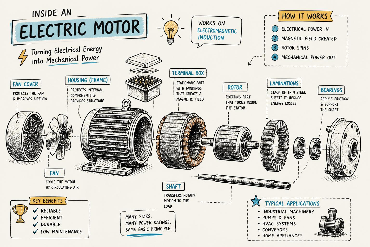 Labeled diagram-style illustration of an electric motor exploded view showing major electric motor components: stator, rotor, laminations, windings, shaft, bearings, housing, fan, terminal box. Educational, clean, suitable for technical blog hero image.