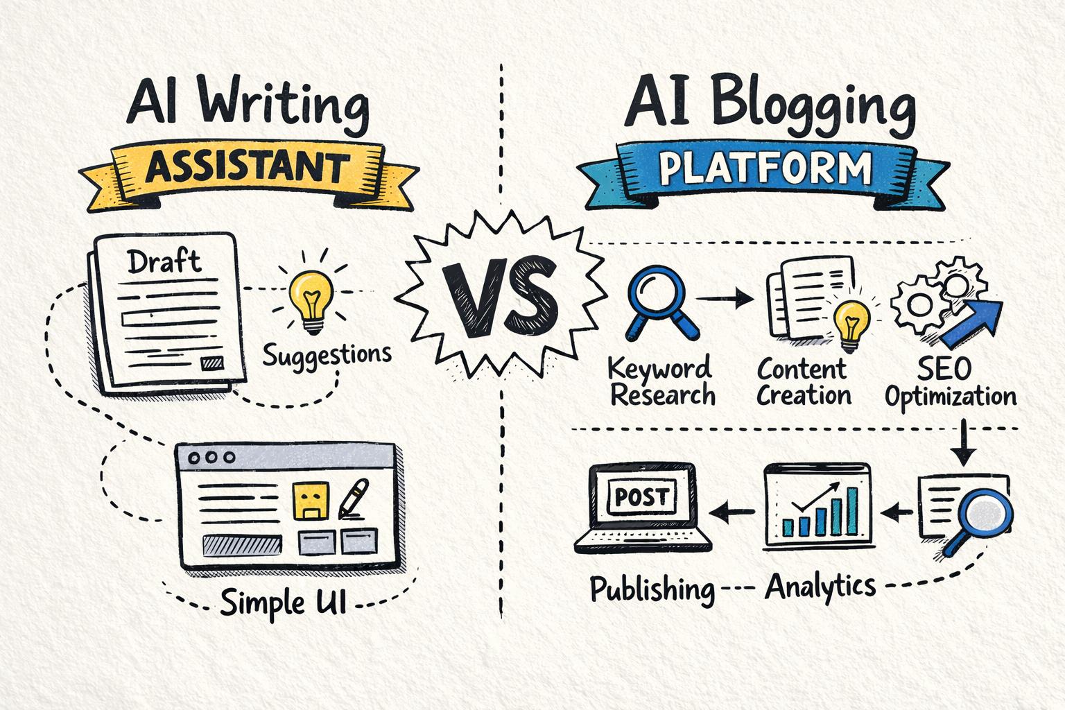 Side-by-side comparison diagram showing an AI writing assistant on one side and a full AI blogging platform on the other, highlighting the difference between single-document help and end-to-end content pipeline automation.
