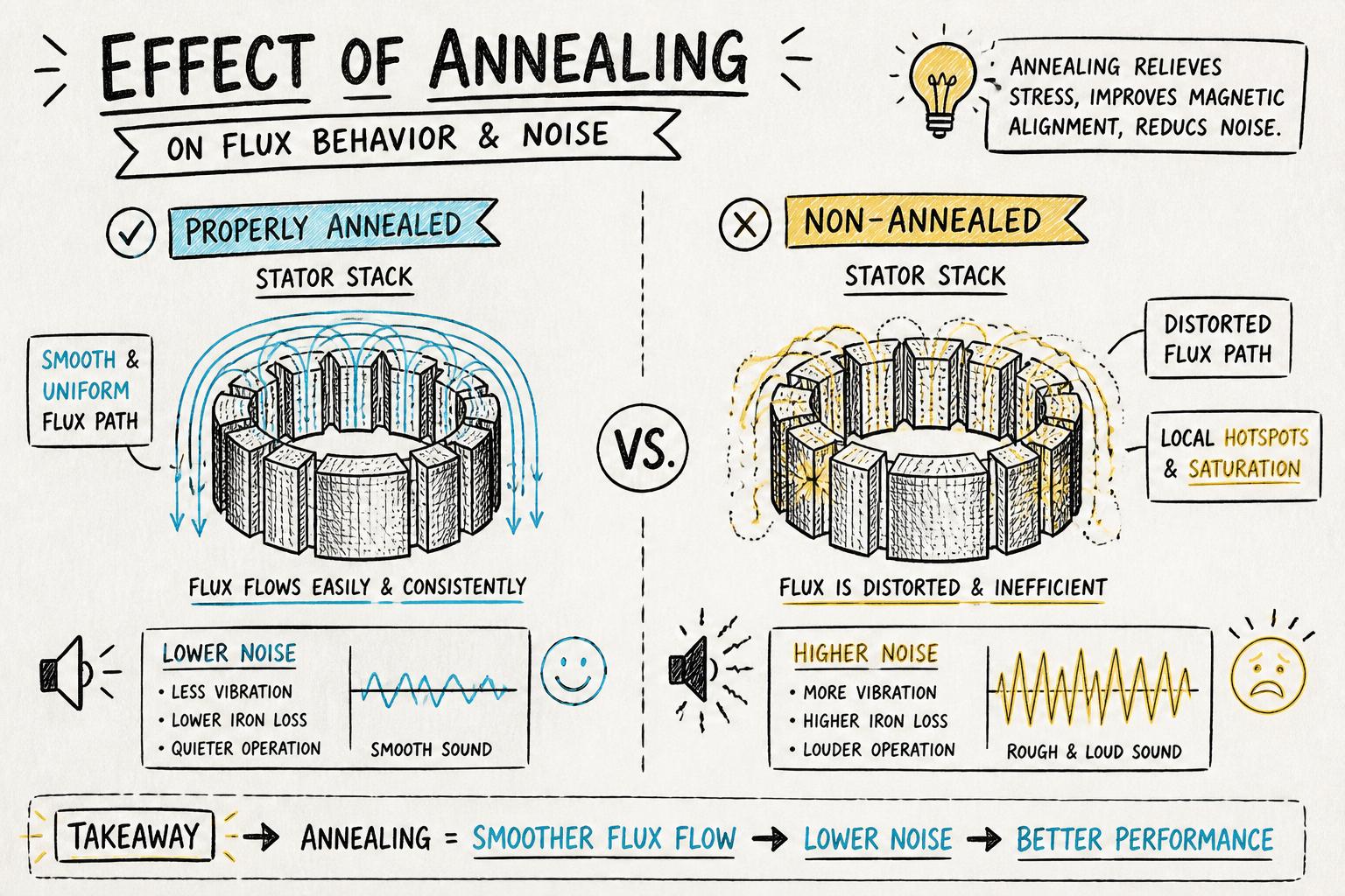 visual comparison of two stator stacks: one properly annealed with smooth magnetic flux lines and lower noise icon, and one non-annealed with distorted flux lines, hotspots, and higher noise icon