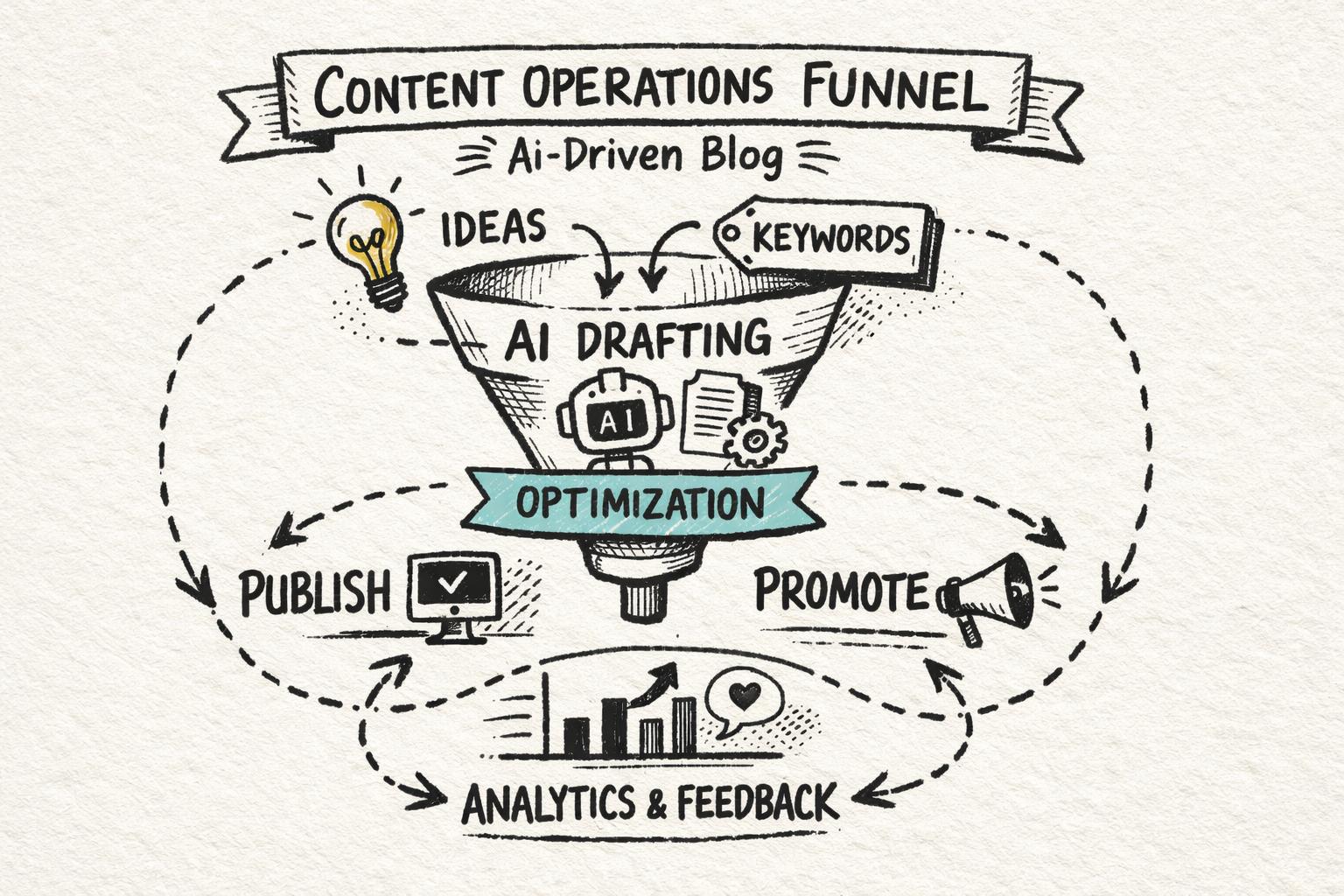 Content operations funnel for an AI-driven blog, from ideas and keywords through AI drafting, optimization, publishing, and analytics feedback