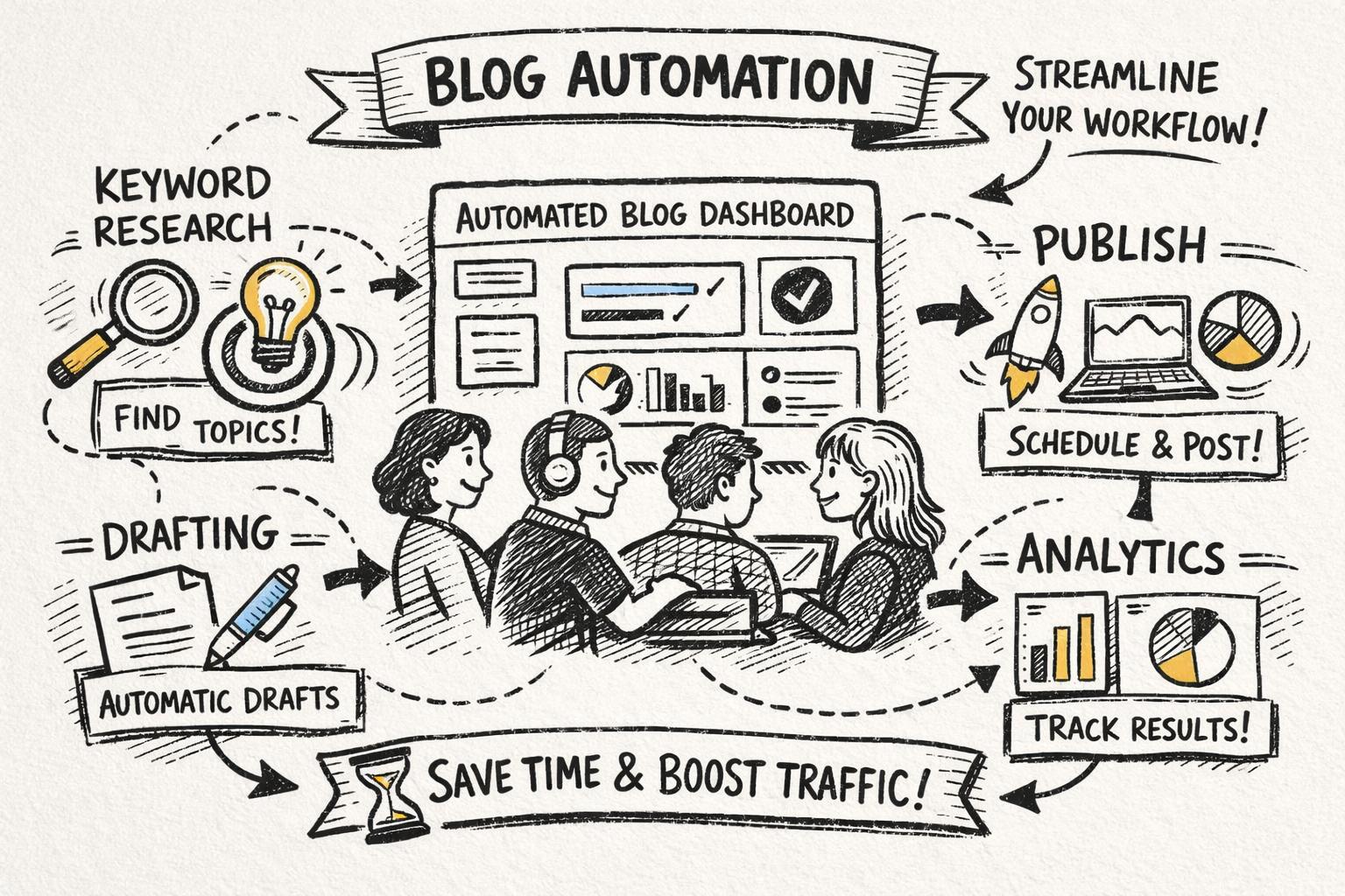 A marketing team automating their blog workflows on a central dashboard, with visual icons representing keyword research, drafting, publishing, and analytics being automated