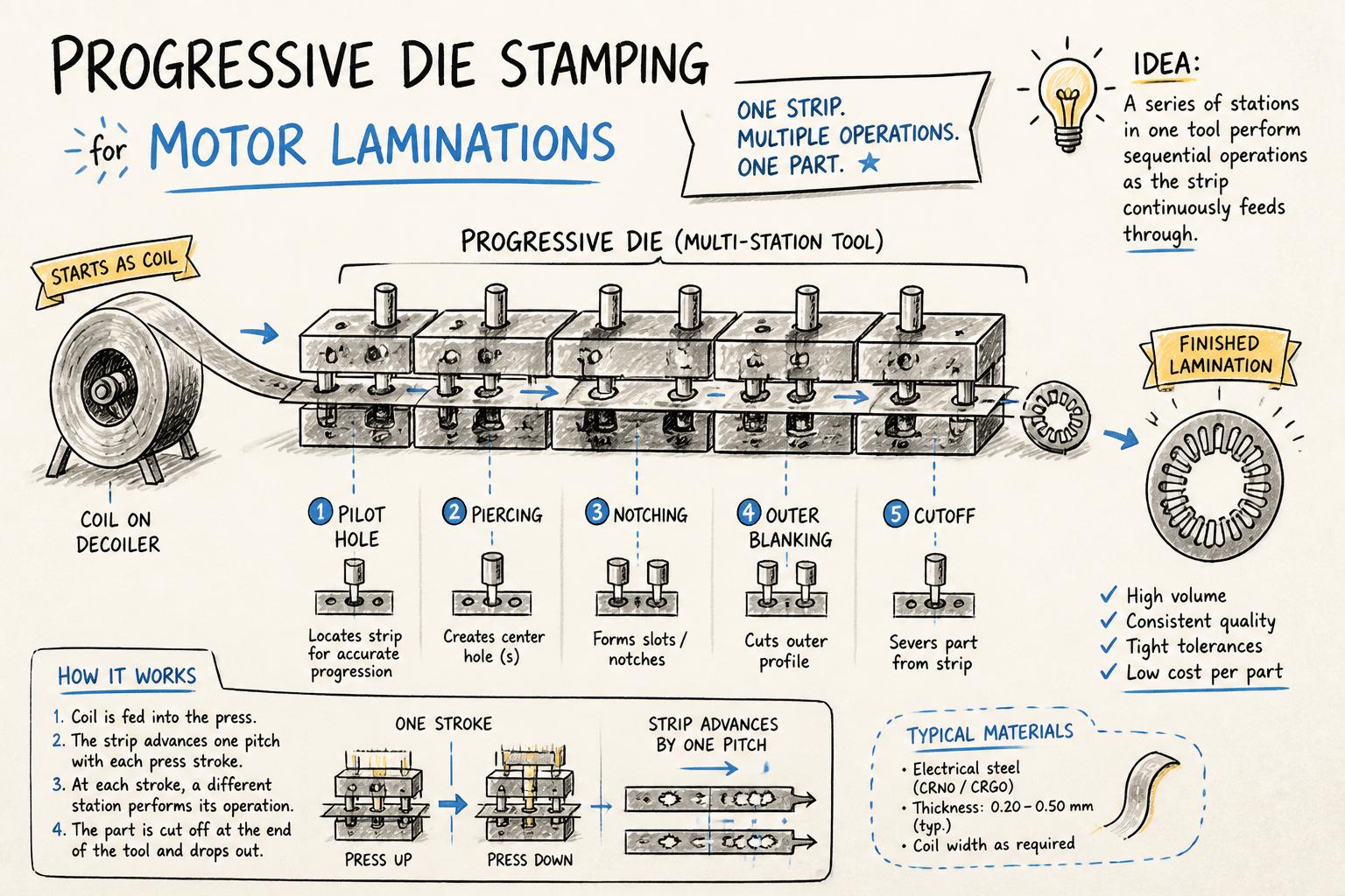 Simplified production line showing progressive die stamping for motor laminations: a metal coil feeding through multiple stations in a progressive tool, with operations like piercing, notching, and final part cutoff highlighted.