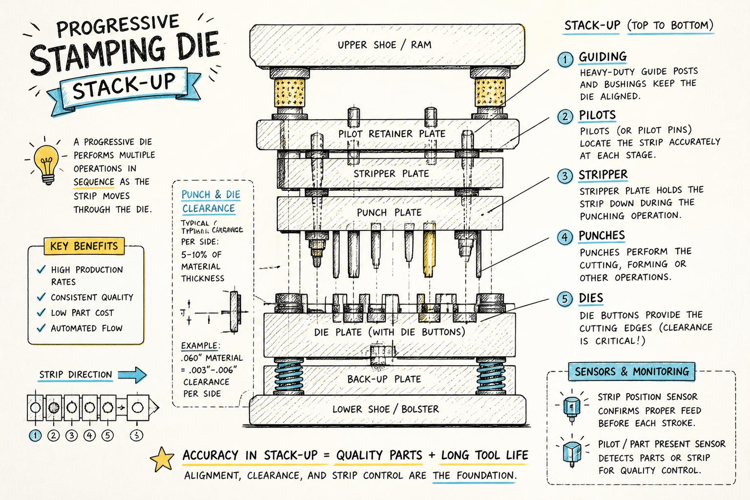 Progressive stamping die stack-up cutaway diagram of a progressive stamping die stack-up highlighting guiding, pilots, stripper, punch and die clearance, and sensors