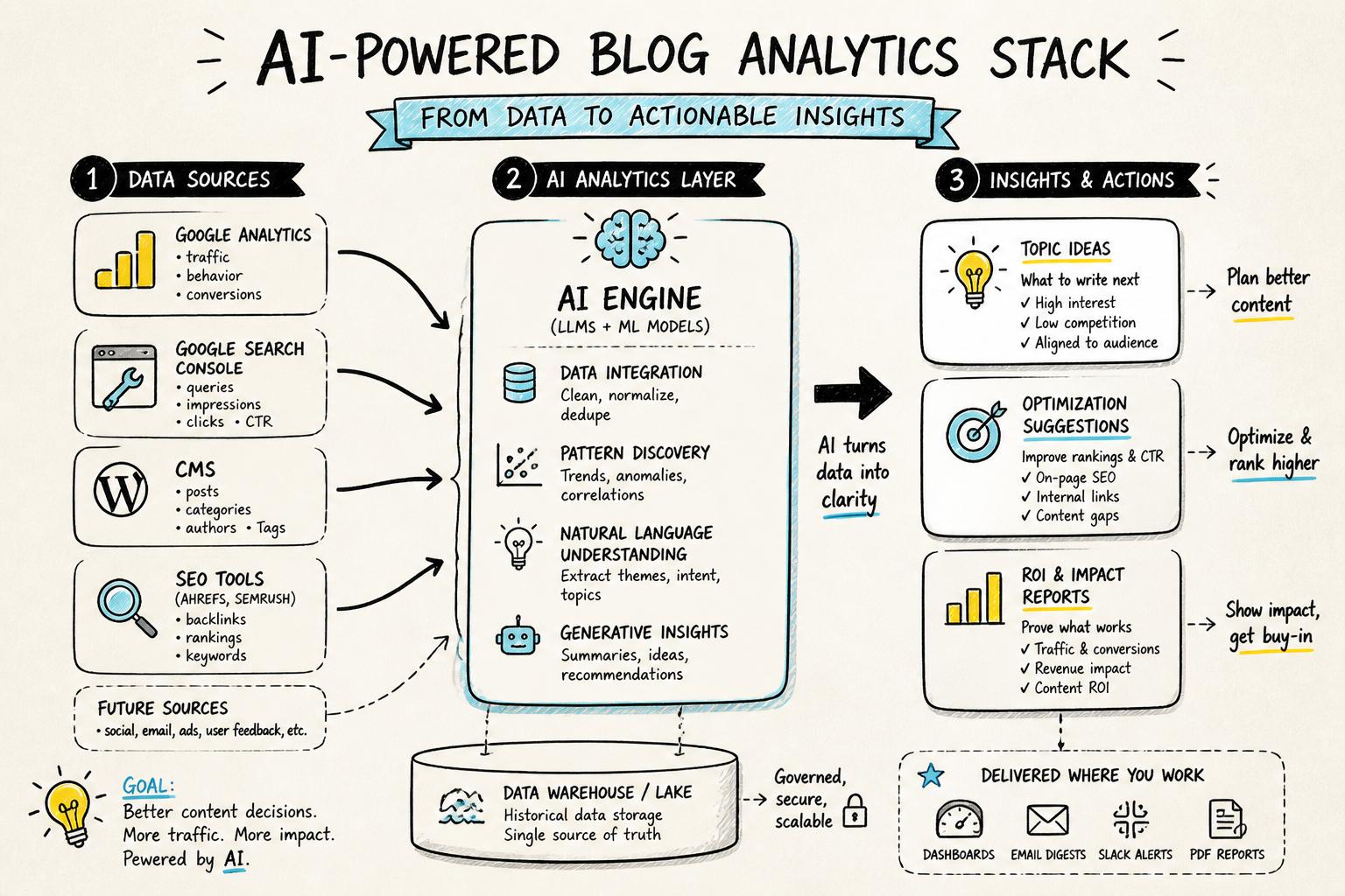 Framework diagram of a blog analytics stack: data sources like Google Analytics, Search Console, CMS, and SEO tools feeding into a central AI analytics layer, then outputting insights such as topic ideas, optimization suggestions, and ROI reports.
