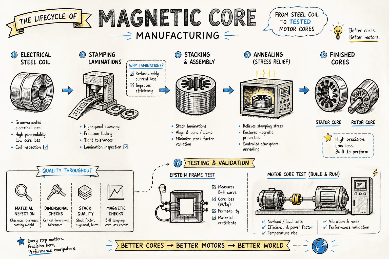 Sketchnote-style diagram showing the lifecycle of magnetic core manufacturing for electric motors: from electrical steel coils to stamping laminations, stacking stator and rotor cores, annealing in a furnace, and final testing with Epstein frame and motor test bench.