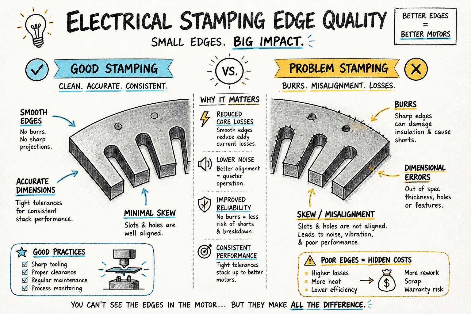 Close-up comparison of good vs bad electrical stamping for motor laminations, highlighting burrs, skew, and dimensional accuracy