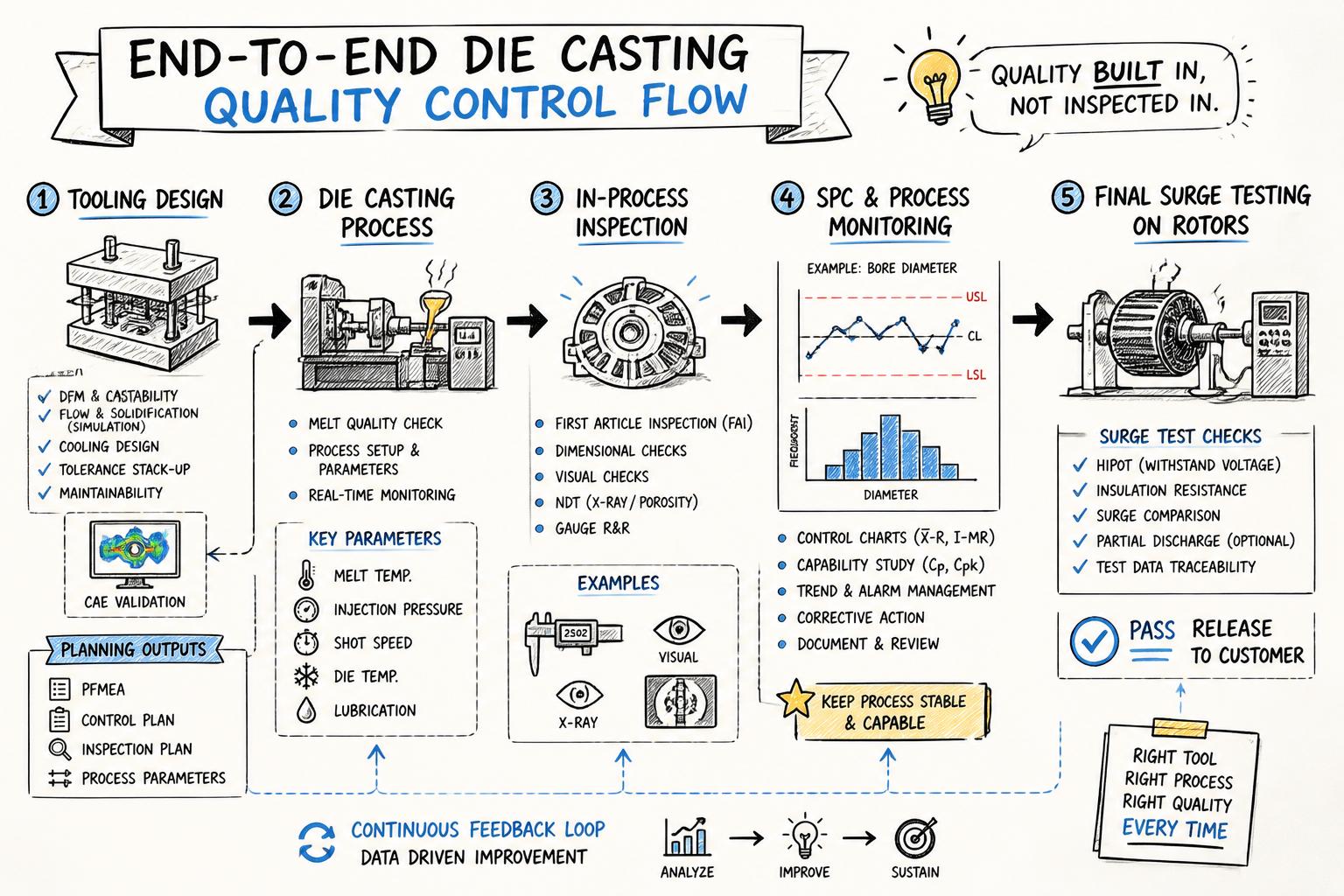 End-to-end die casting quality control flow from tooling design through casting, inspection, SPC charts, and final surge testing on rotors