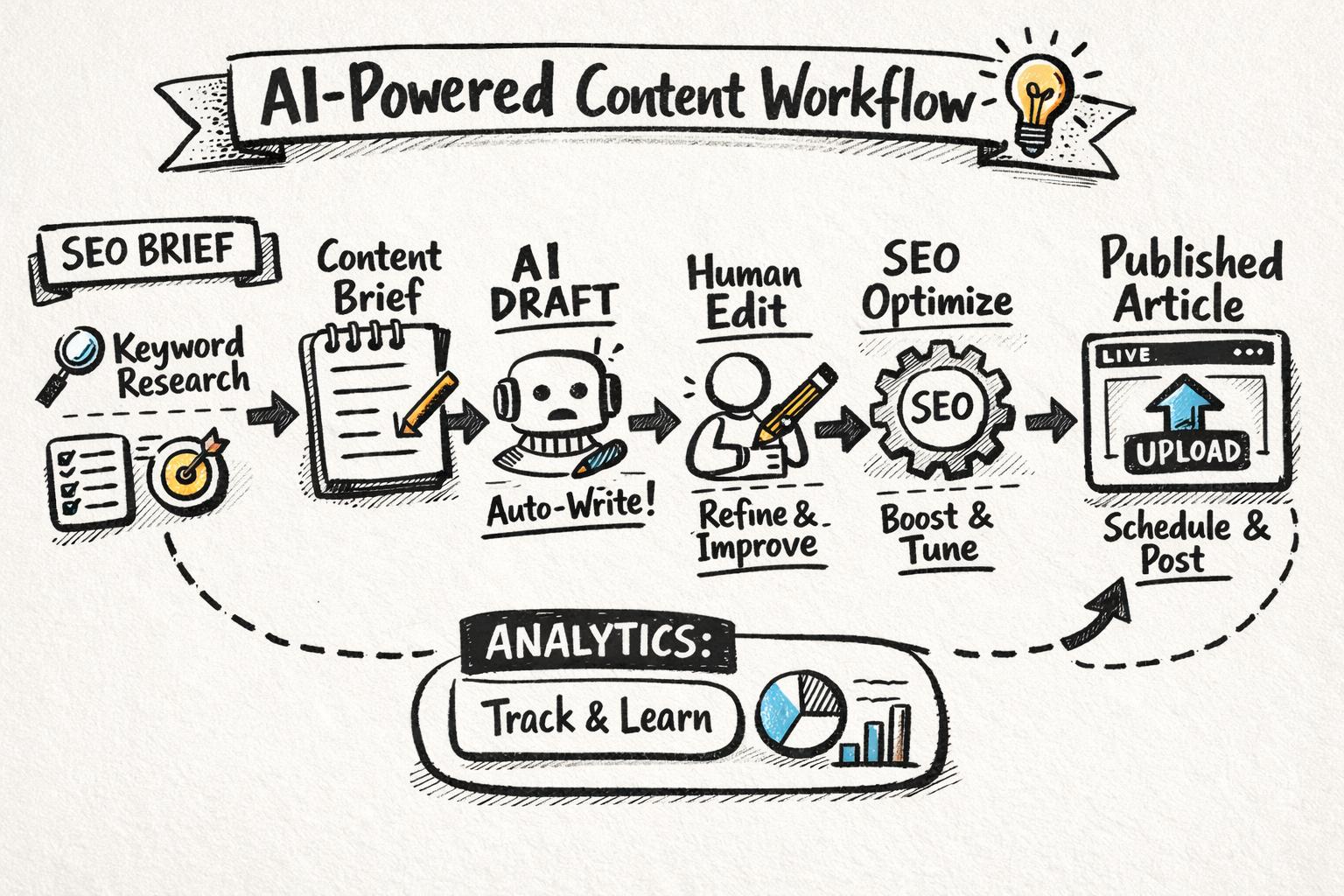 End-to-end AI-powered content workflow automation from SEO brief to published blog post, shown as a linear pipeline: keyword research, content brief, AI draft, human edit, SEO optimization, auto-publish, analytics loop.