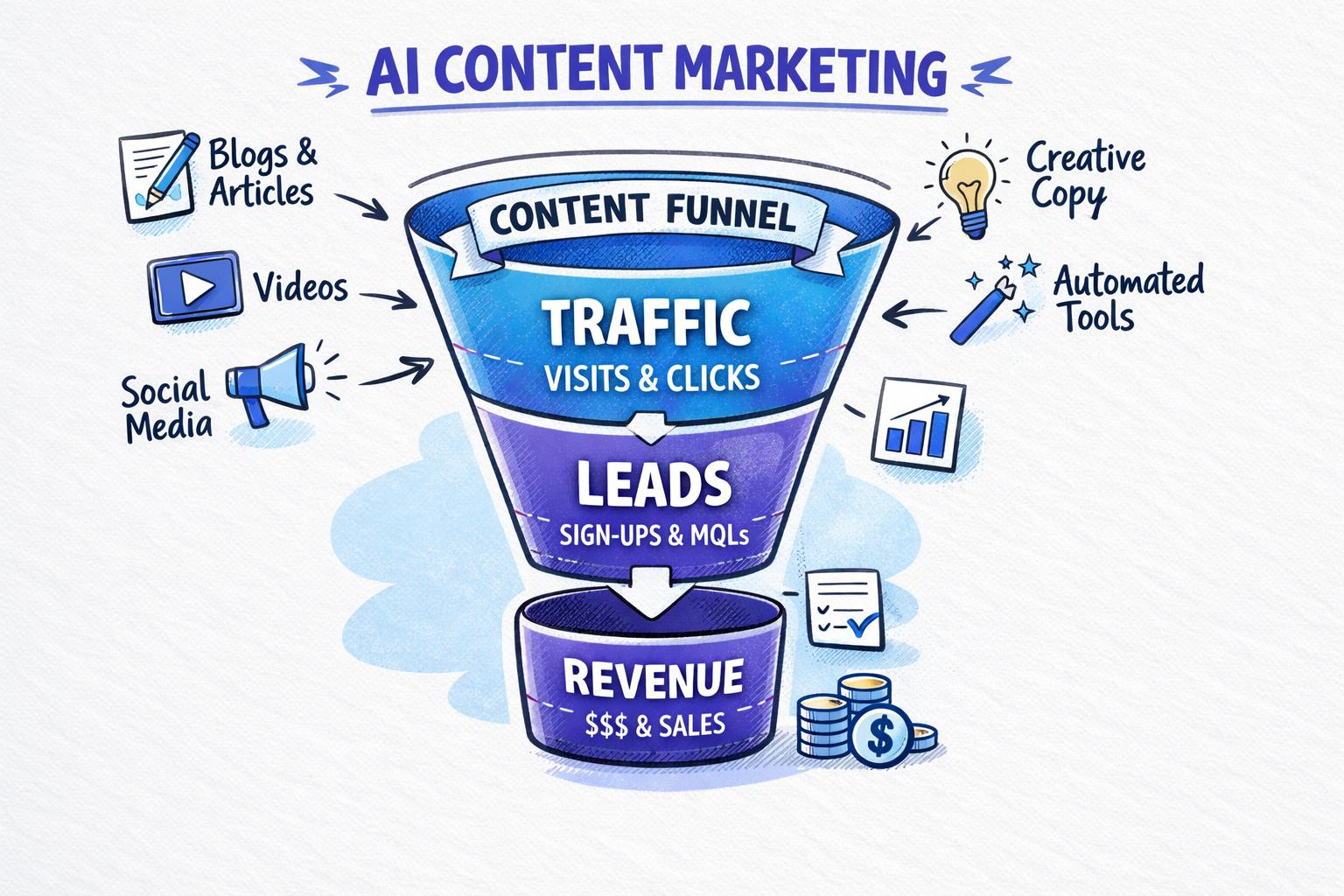 funnel-shaped diagram showing how AI content marketing activities turn into traffic, leads, and revenue, with metrics labeled at each stage