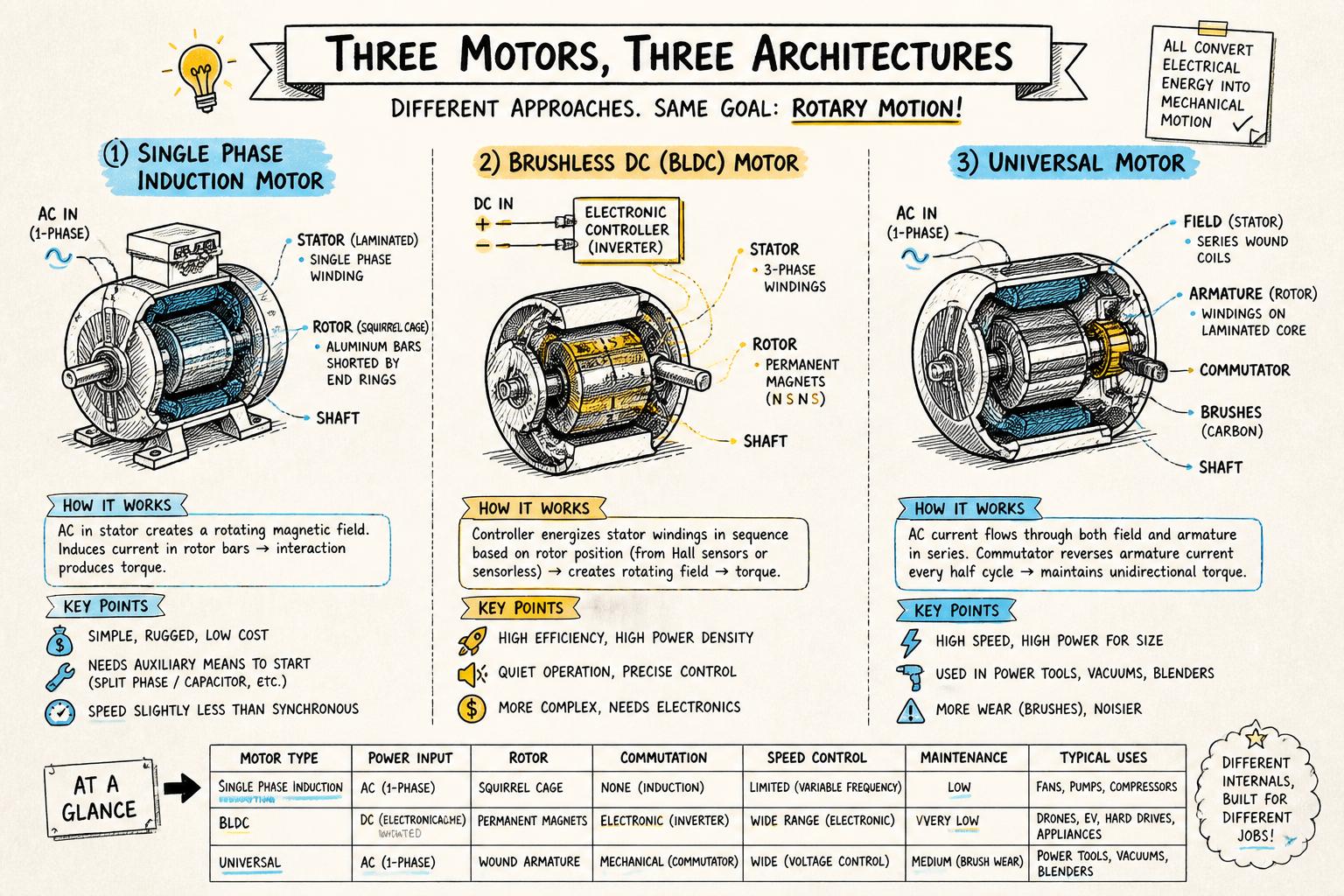 Side-by-side sketch showing three motor types: single phase induction motor, brushless DC motor, and universal motor, each with simplified internal components highlighted.