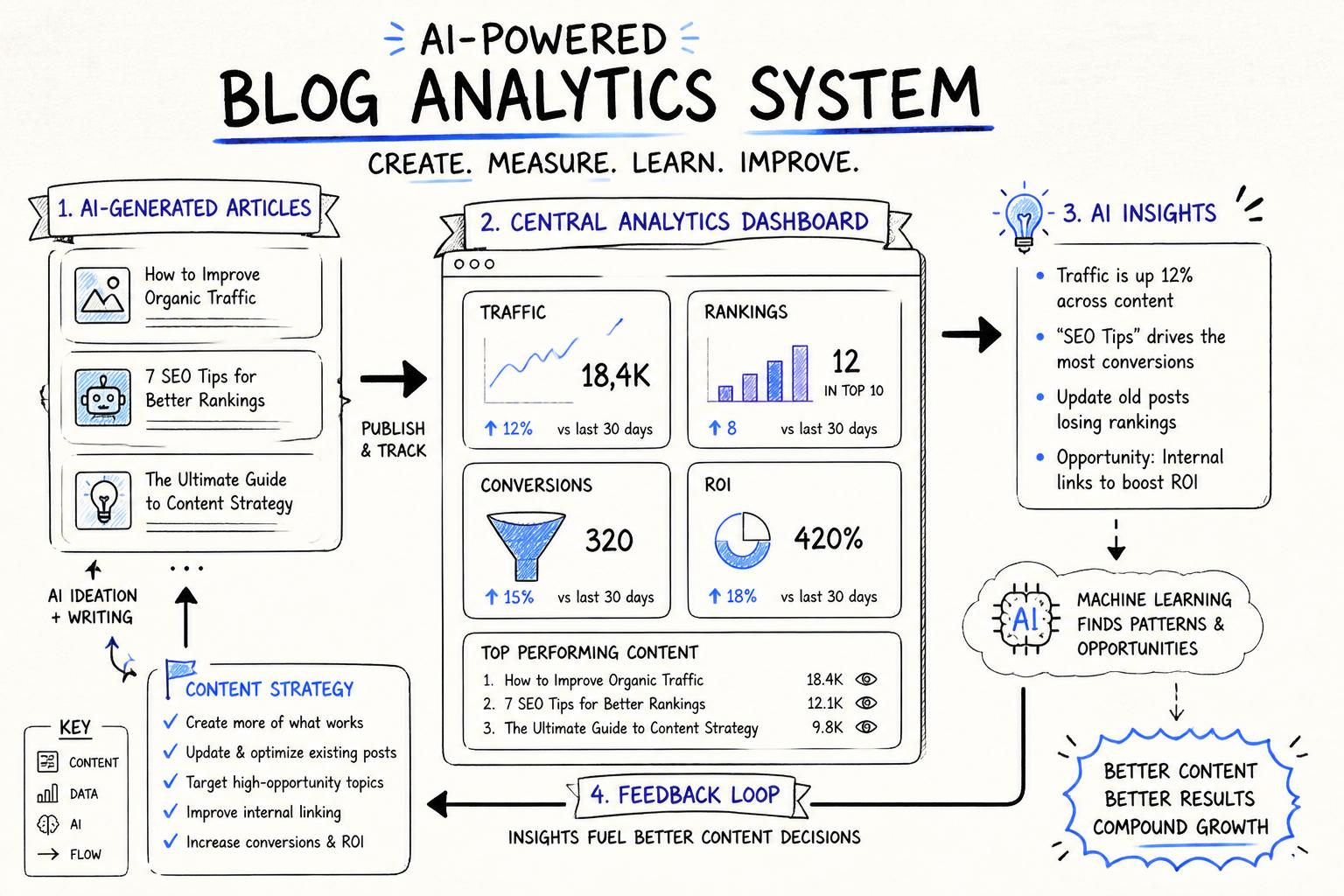 High-level overview of an AI-powered blog analytics system: AI-generated articles flowing into a central analytics dashboard that shows traffic, rankings, conversions, and ROI, with arrows showing a feedback loop back into content strategy decisions.