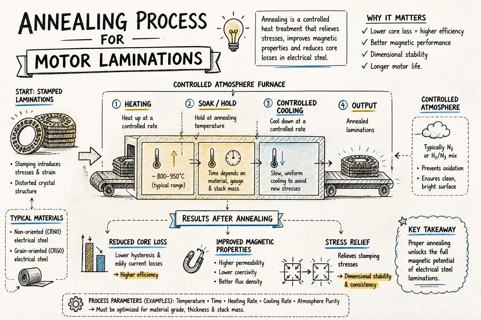 sketchnote-style diagram showing the annealing process for motor laminations: stamped electrical steel laminations entering a controlled atmosphere furnace, heating to annealing temperature, soaking, and controlled cooling, with callouts for reduced core loss, improved magnetic properties, and stress relief