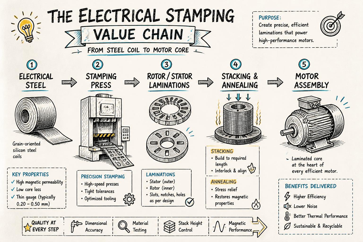 Overview of the electrical stamping value chain for motor components, from coil of electrical steel through stamping press, laminations, stacking, and final motor core
