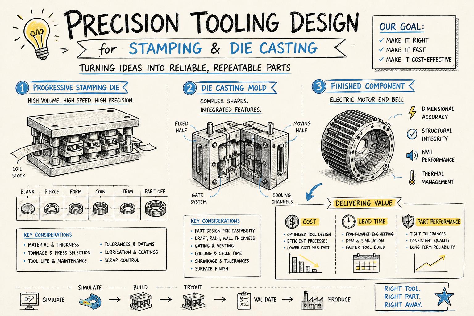 Overview of precision tooling design for stamping and die casting sketch-style overview of precision tooling design for stamping and die casting, showing a progressive stamping die, a die casting mold, and a finished electric motor component, with callouts for cost, lead time, and part performance