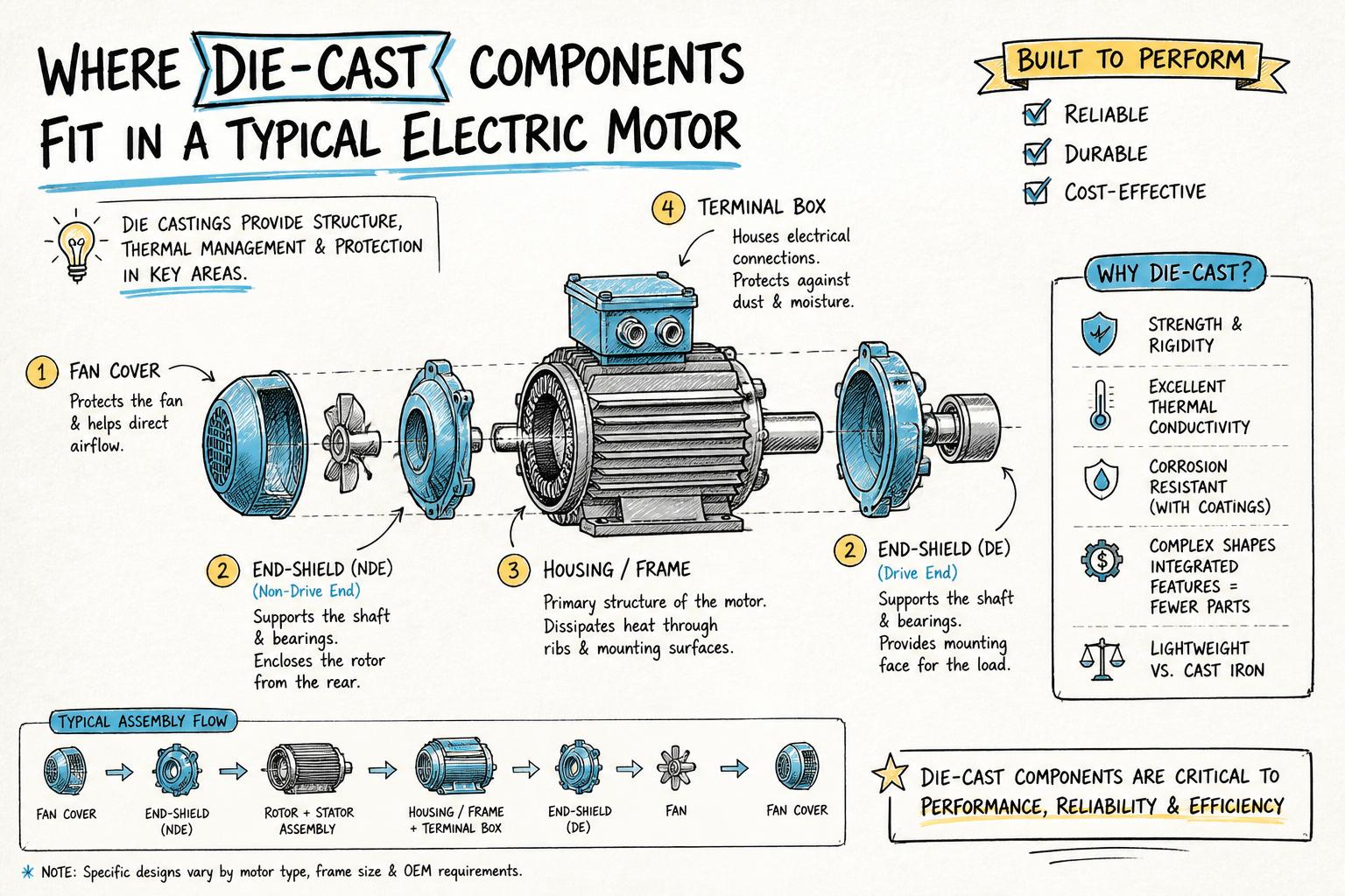 Annotated diagram showing where die-cast components fit in a typical electric motor assembly, highlighting end-shields, housings, fan covers, and terminal boxes