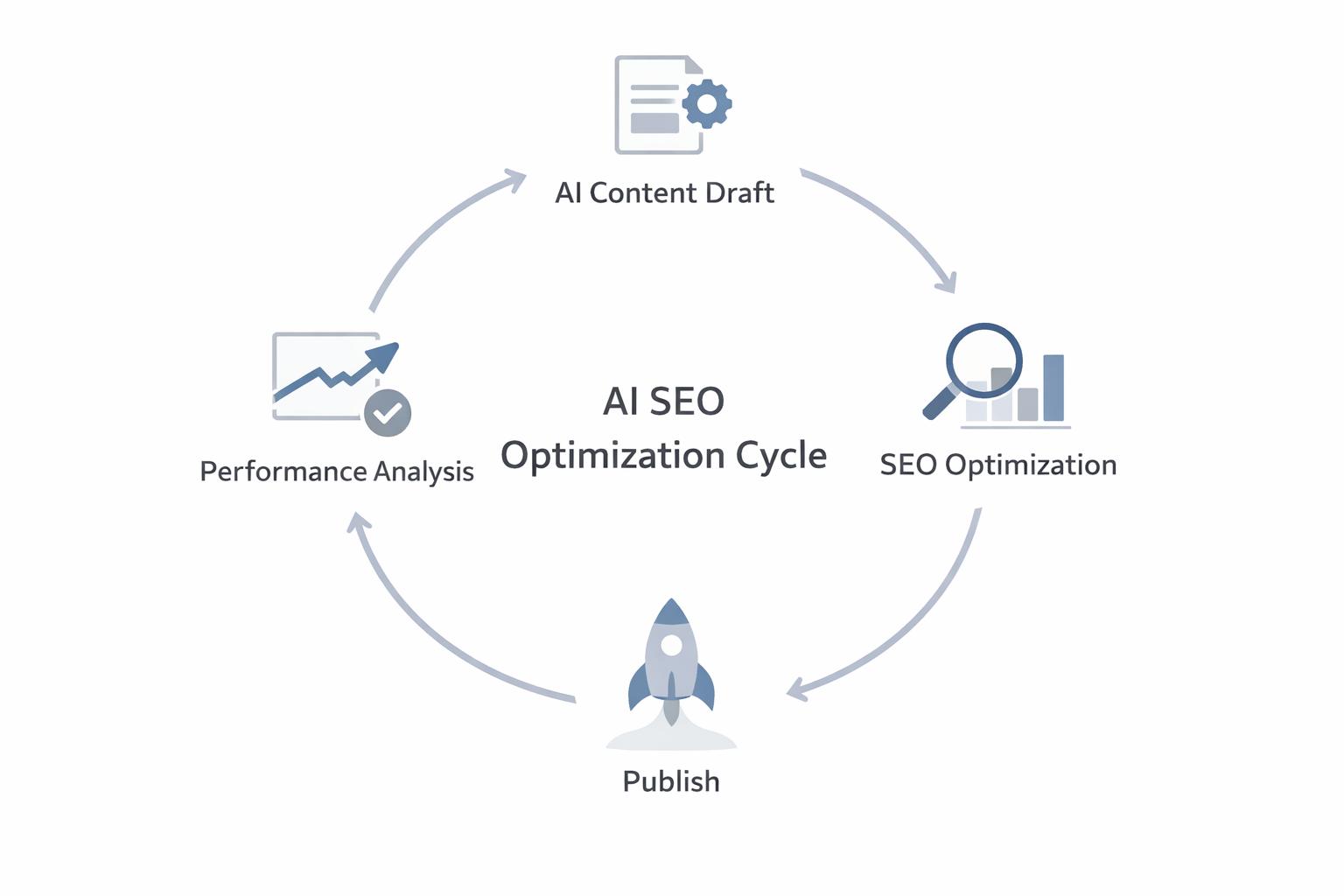 Simple workflow diagram showing AI draft creation, SEO optimization, publishing, and measurement loop