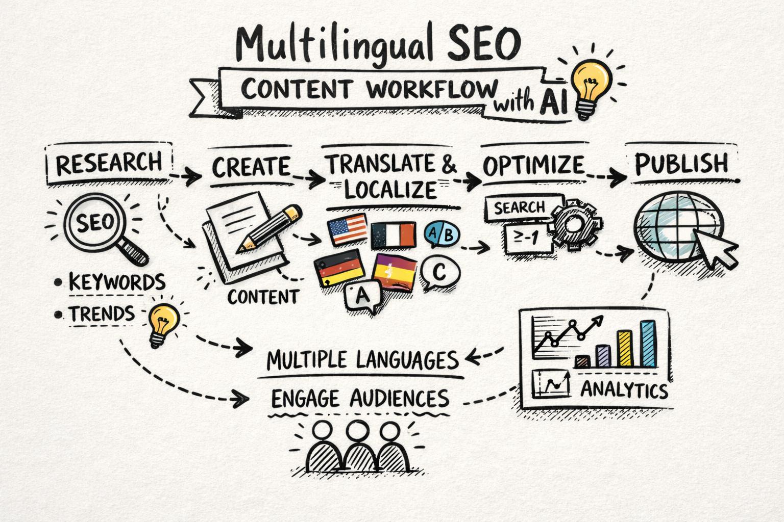 Overview of a multilingual SEO content workflow using AI: research, create, translate, localize, optimize, publish, measure across multiple languages.