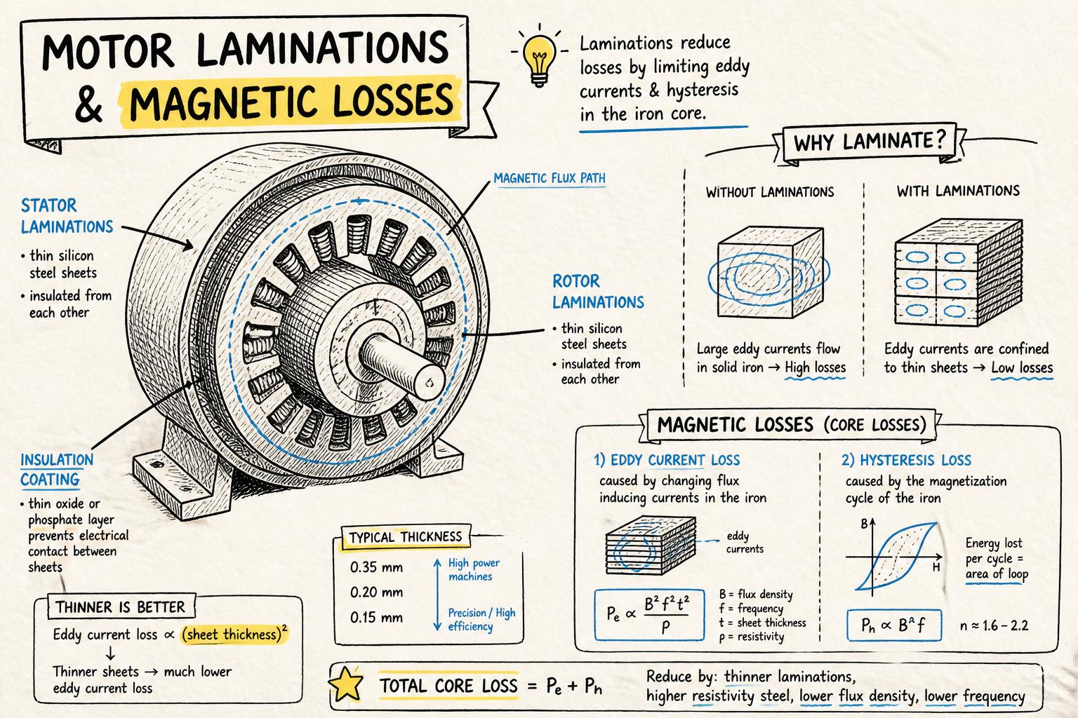 Cutaway illustration of a motor stator and rotor stack made from thin laminations, highlighting flux paths, eddy current loops, and hysteresis losses.