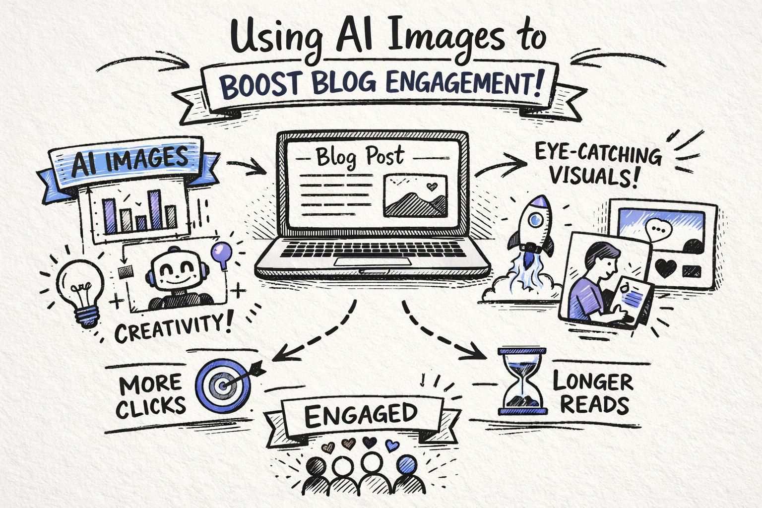Hero sketchnote-style illustration showing a blog post on a laptop screen surrounded by AI-generated images (charts, illustrations, social media previews) to represent using AI images for blogs to boost engagement.