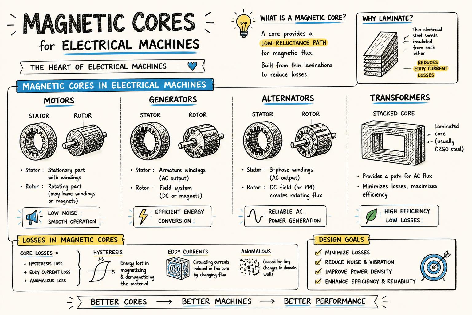 Sketchnote-style overview of magnetic cores for electrical machines, showing motors, transformers, generators, and alternators with their stator and rotor laminations and stacked transformer core laminations, annotated with notes about losses, noise, and efficiency.