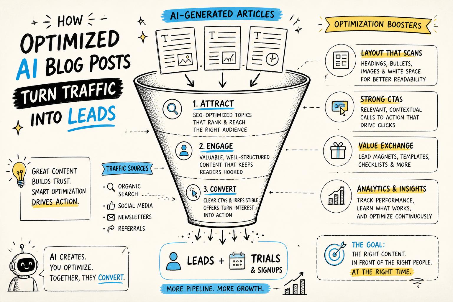 A funnel-shaped blog layout showing AI-generated articles entering at the top and leads/trials coming out at the bottom, annotated with key optimization points like CTAs, layout, and analytics insights.