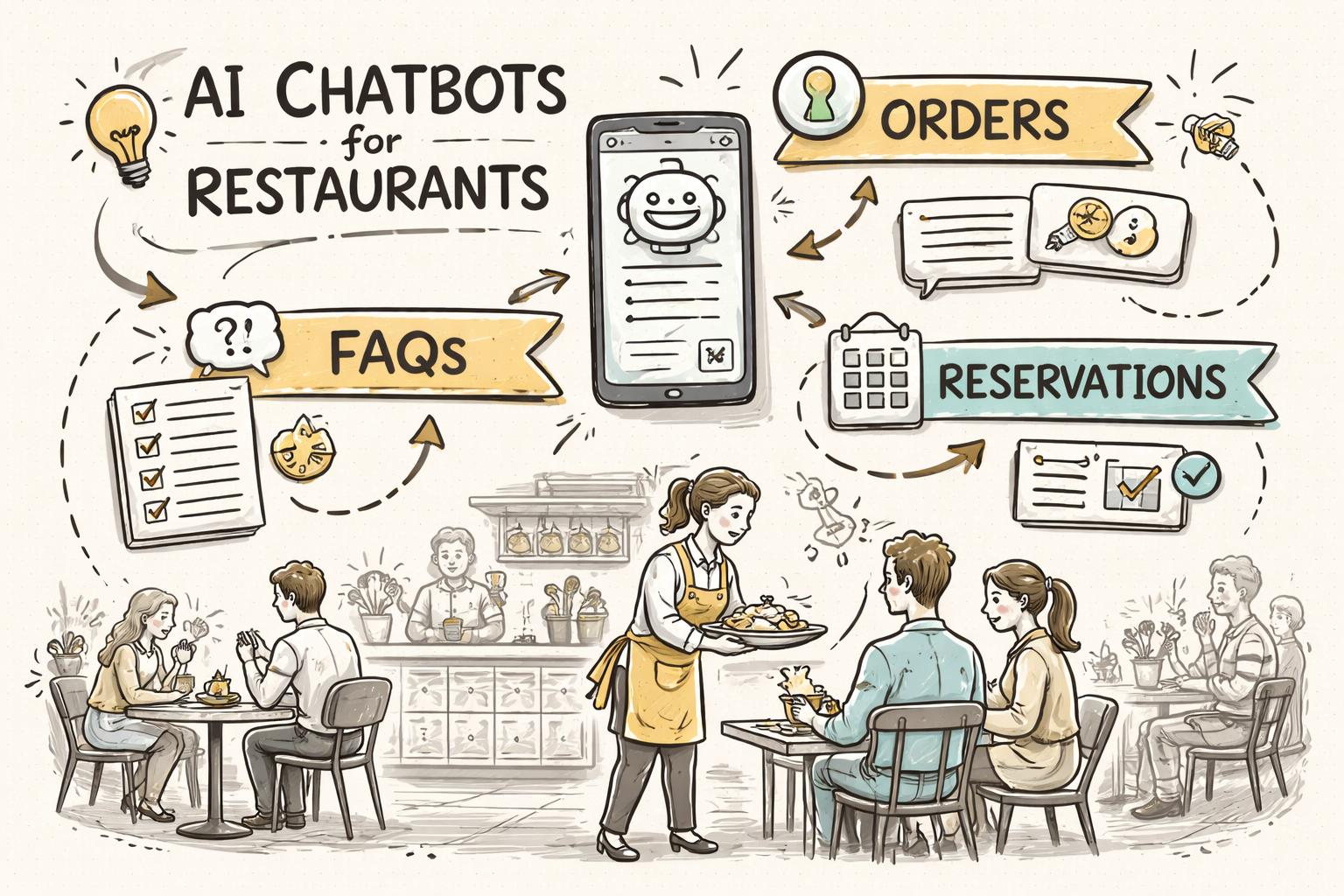 Restaurant front-of-house with AI chatbot screens handling WhatsApp orders, FAQs, and reservations while staff serve guests