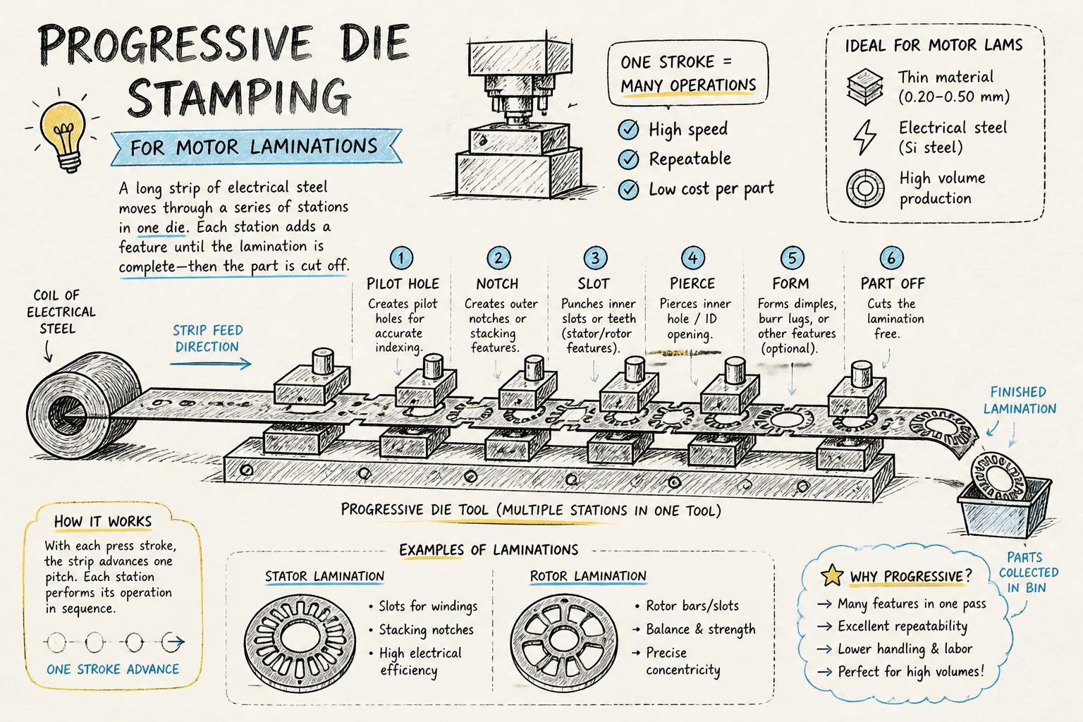 Illustration of the progressive die stamping process for motor laminations, showing strip of electrical steel moving through multiple stations forming stator and rotor laminations.