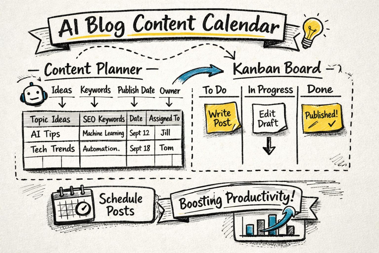 AI blog content calendar template visual AI-powered blog content calendar template laid out as a simple spreadsheet and kanban board, showing ideas, keywords, publish dates, and responsible owners