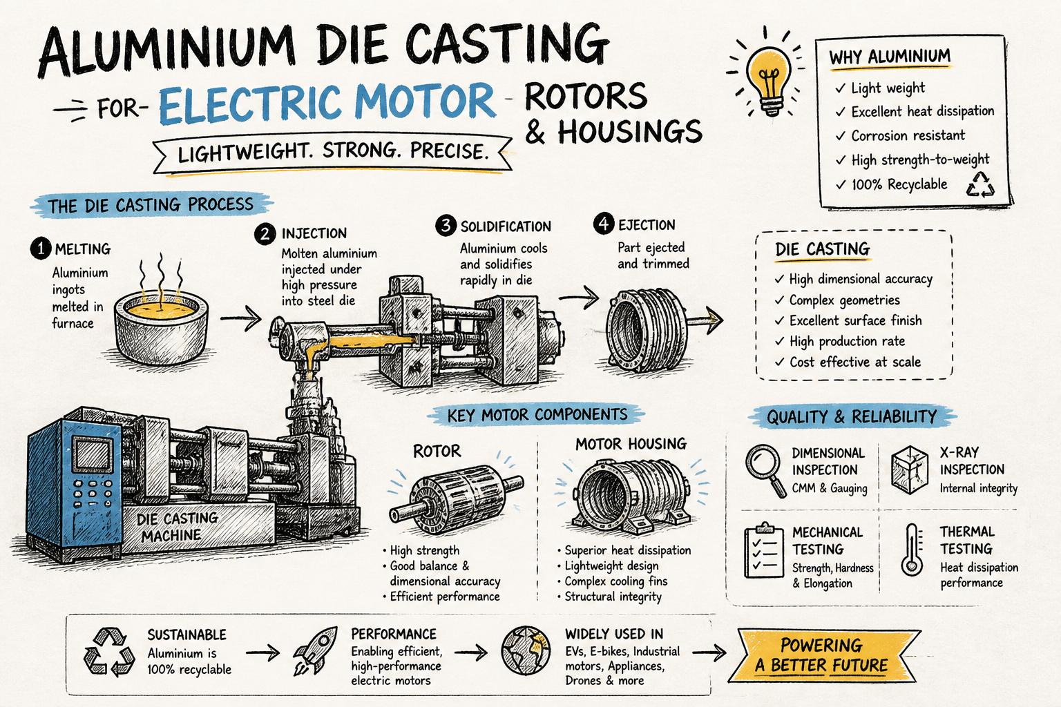 Sketchnote-style overview of aluminium die casting for electric motor rotors and housings, showing a die casting machine, a rotor, a motor housing, molten aluminium flow into a die, and icons for quality control and testing.