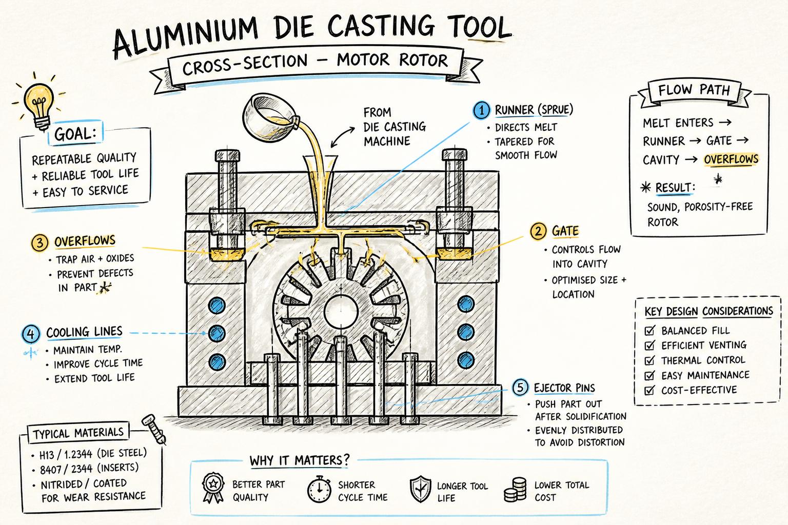 Aluminium die casting tool cross-section simplified cross-section of an aluminium die casting tool for a motor rotor, showing runner, gate, overflows, cooling lines, and ejector pins