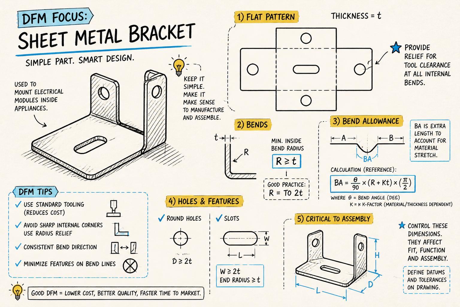 DFM-focused sketch of an appliance sheet metal bracket Annotated sketch of a simple sheet metal bracket used in an electrical appliance, showing flat pattern, bends, holes, and callouts for bend radius, bend allowance, and critical-to-assembly dimensions.