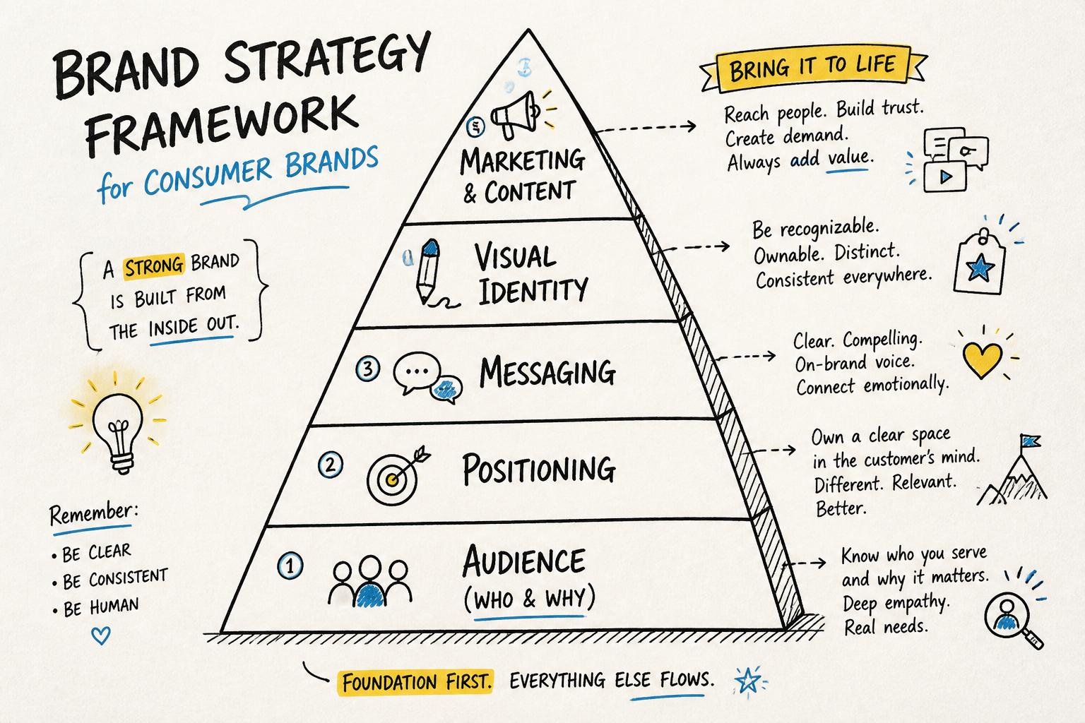 Founder's notebook style sketch of a simple brand strategy framework pyramid for consumer brands, with layers labeled from bottom to top: Audience, Positioning, Messaging, Visual Identity, Marketing & Content. Handwritten arrows and short notes around each layer.