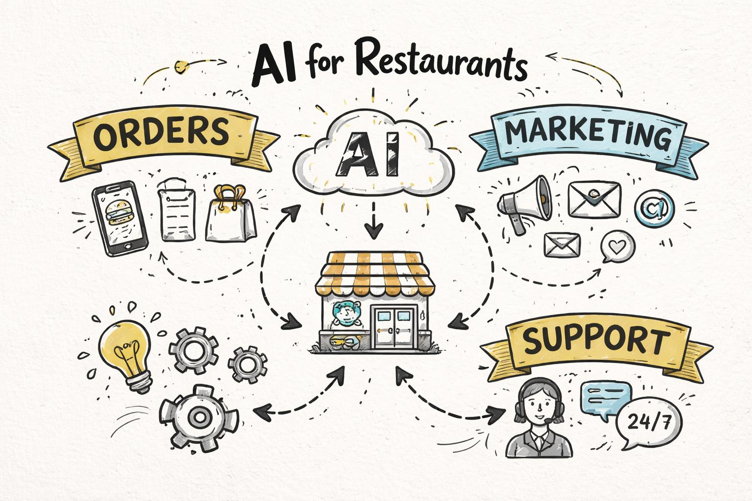 Overview of AI for restaurants showing three main pillars: orders, marketing, and support, connected to a central restaurant icon, with simple labels and arrows
