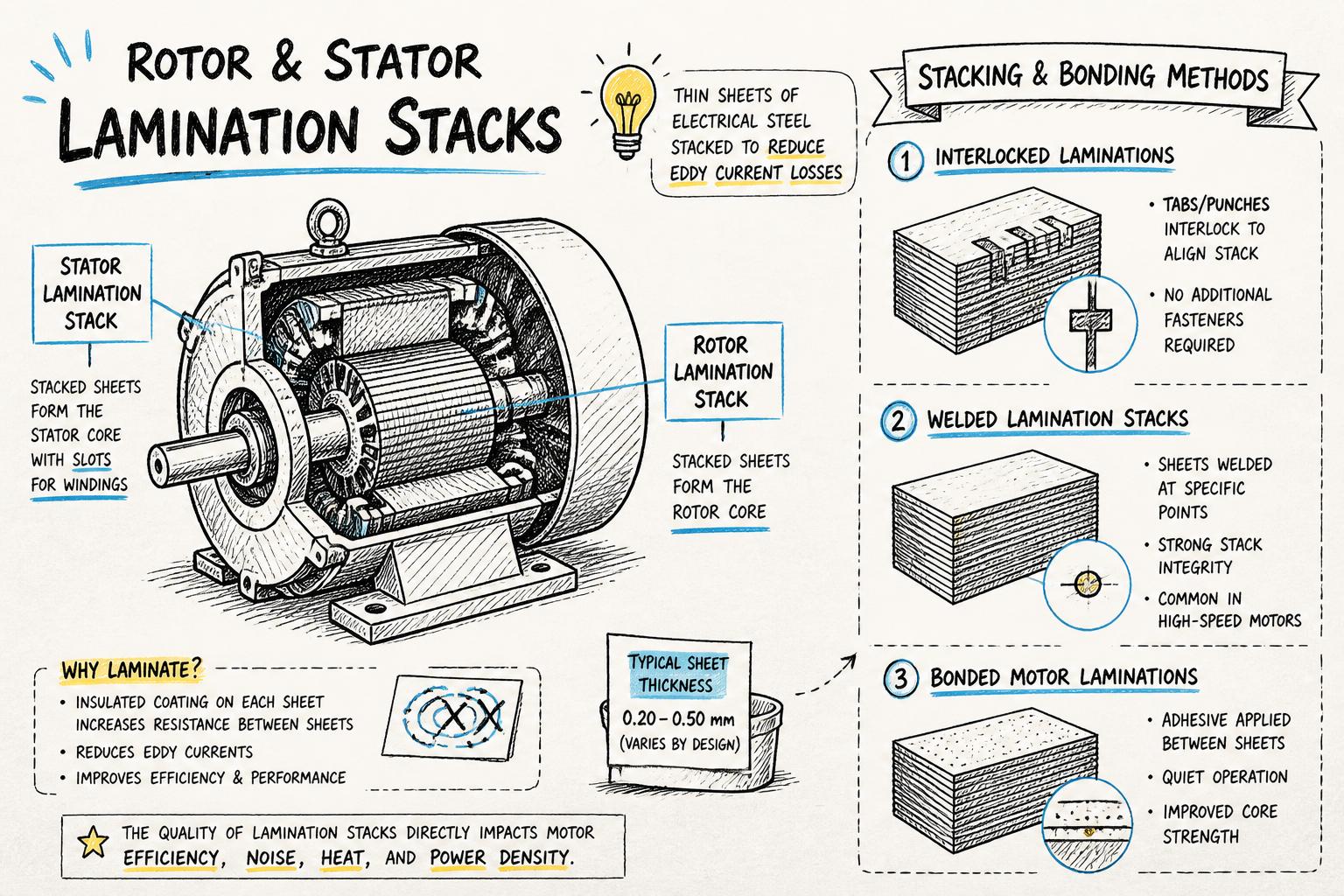 Cutaway view of an electric motor showing rotor and stator lamination stacks, with callouts for different stacking and bonding methods such as interlocked laminations, welded lamination stacks, and bonded motor laminations.