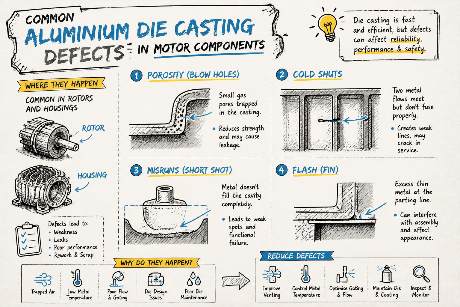 Illustration of common aluminium die casting defects in motor rotors and housings, such as porosity, cold shuts, misruns, and flash, each labeled on a simplified part cross-section.