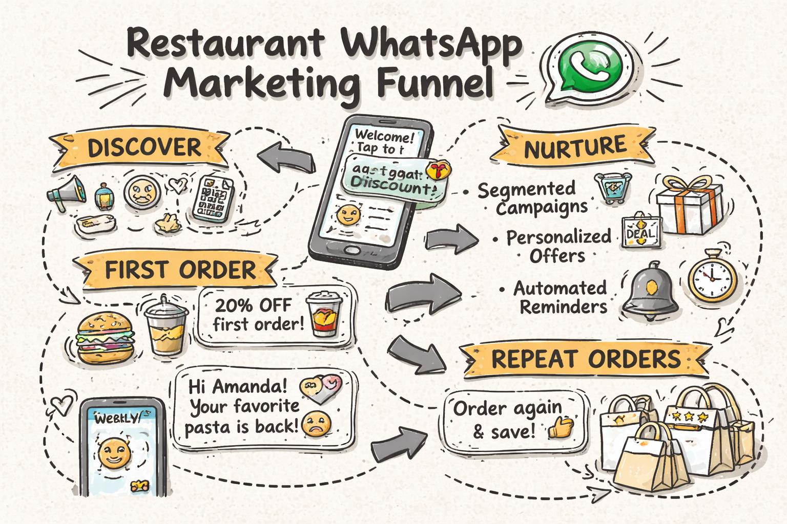 Restaurant WhatsApp marketing funnel showing how a customer moves from first message to repeat orders through segmented campaigns, personalized offers, and automated reminders.